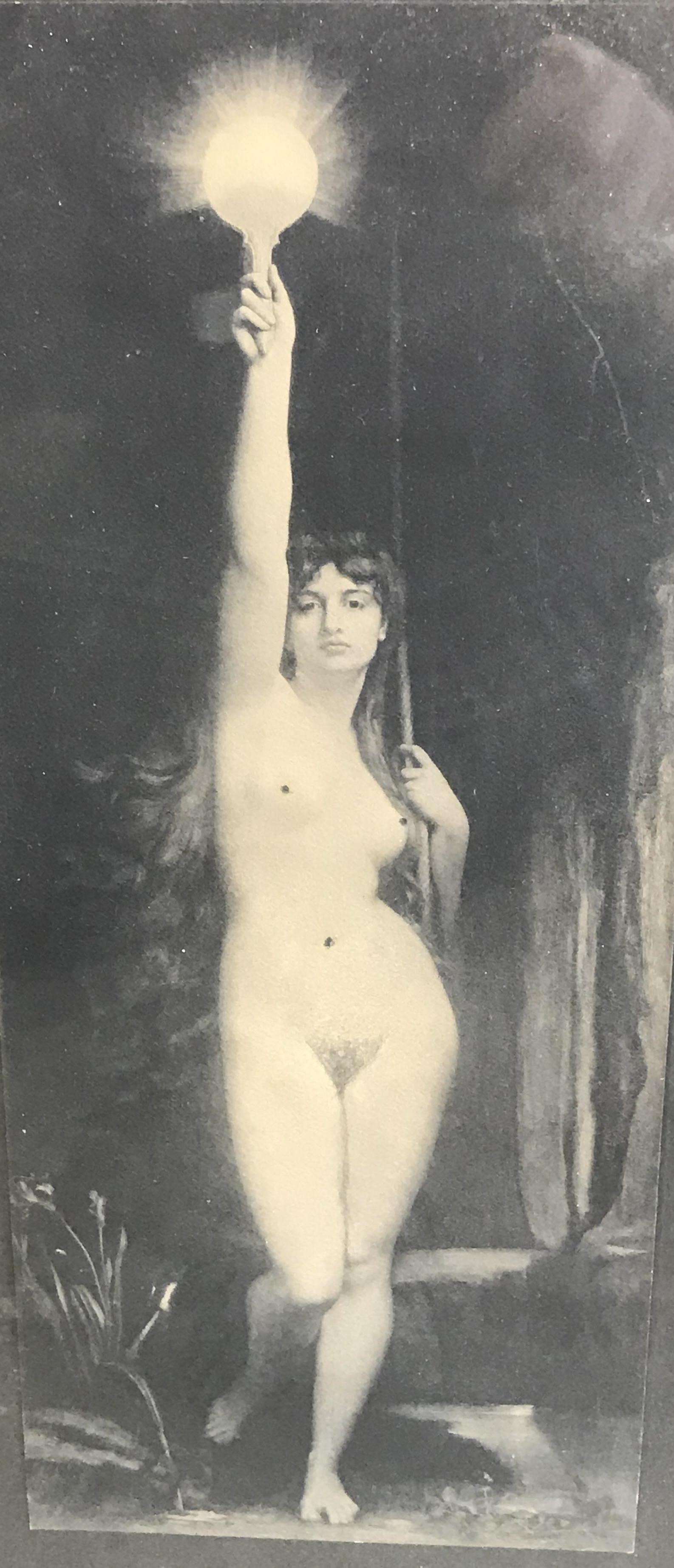 Photograph of ‘La Purete’ Léon Theo Noeud: Photograph of the painting ‘La Purete’ by French artist Léon Theo Noed, no apparent signatures or stamps, subject nude female holding with extended arm a torch that shines, grey matting, black pa