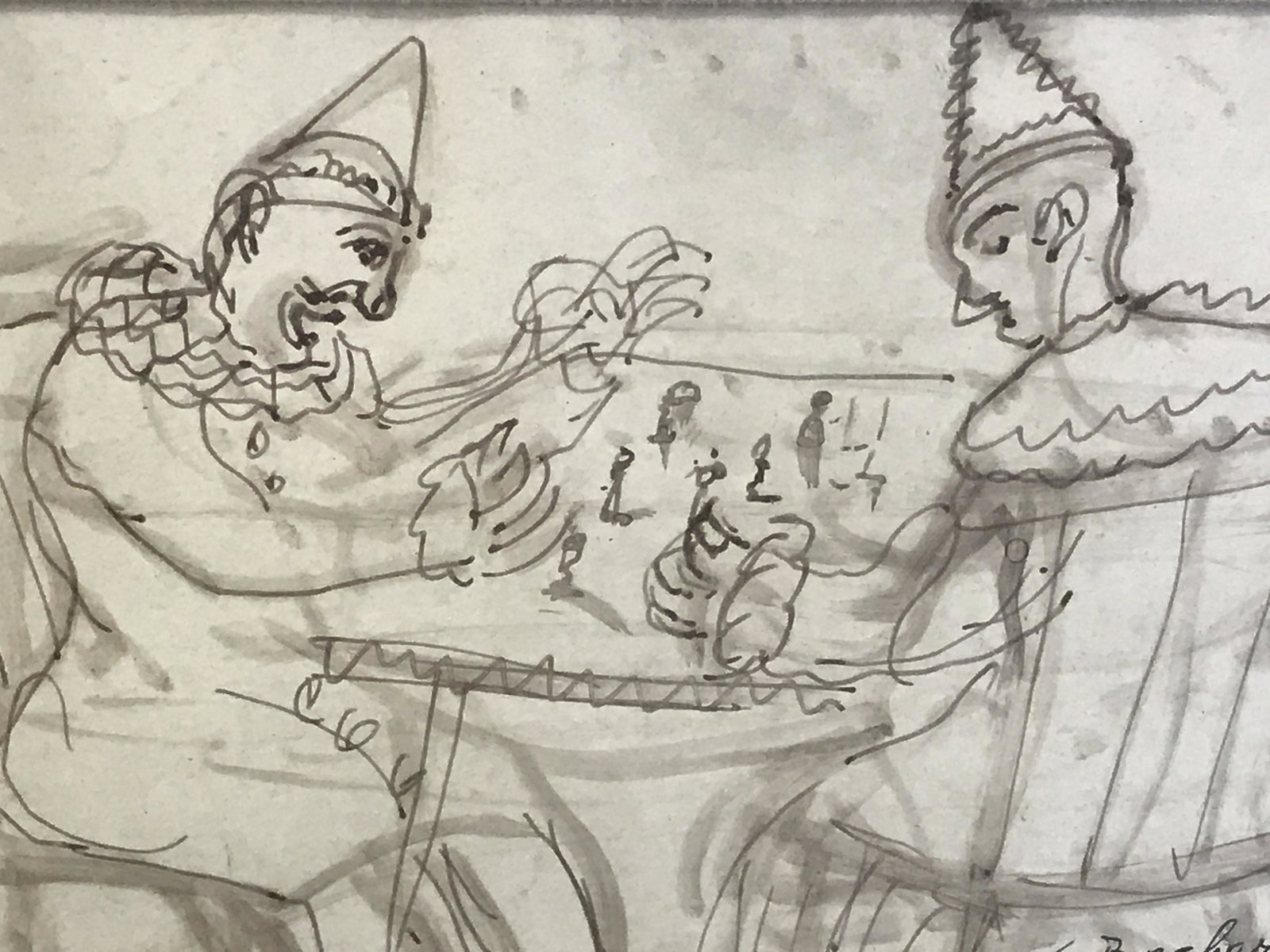 S.Brecker Signed Clown Marker Drawing: S.Brecker signed clown marker drawing, signature to the lower right corner reads ‘S.Brecker’, subject two clowns sitting at a table possibly playing chess, beige linen matting, wooden frame, water