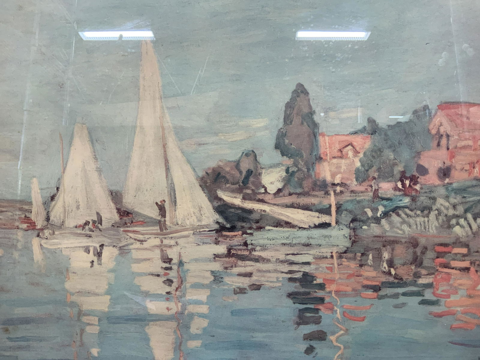 Monet Boats at Argenteuil Artwork Reproduction: Monet Boats at Argenteuil Artwork Reproduction, inscription to lower portion of piece reads ‘Published by Shorewood Press Inc Boats at Argenteuil Claude Monet Musee du Louvre, Paris’, boats on wat