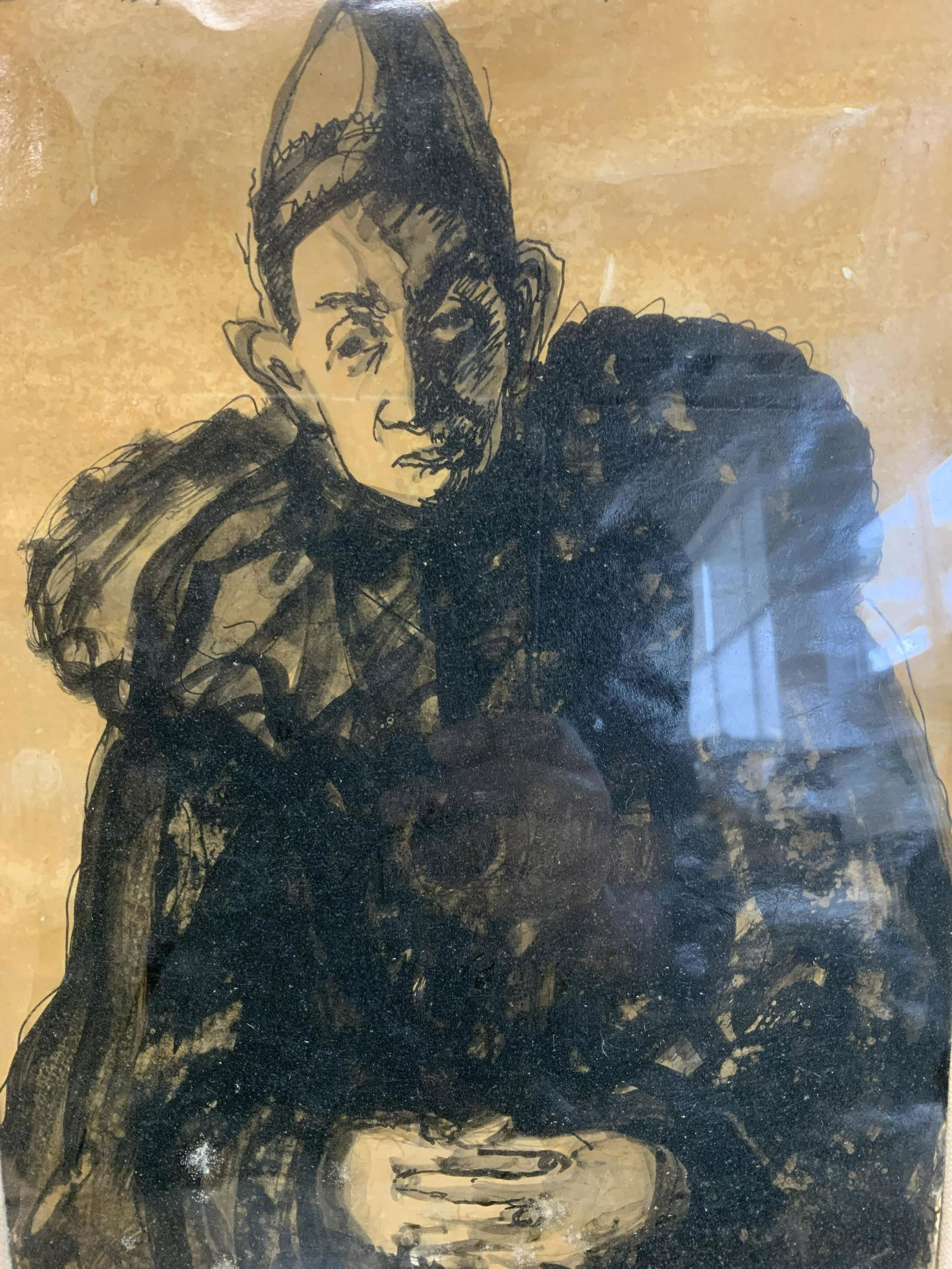 Samuel Brecher Signed Ink Drawing: Samuel Brecher Signed ink drawing, signature to upper left reads S Brecher 1959’, a clown sitting down, measures 18 3/4 x 15 1/2 inches, decorative wooden frame, frame has some wear and scratches bu