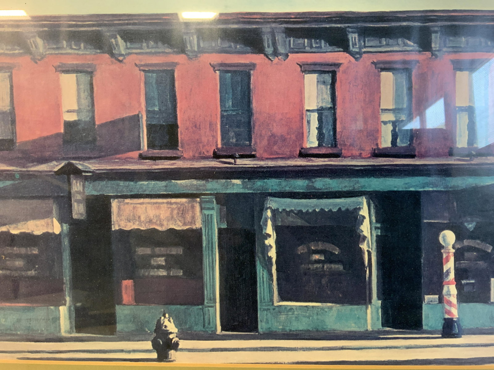 Street Scene Offset Lithograph, Sunday Morning Hopper: Appears to be lithograph reproduction of Early Sunday Morning 1930 painting by American artist Edward Hopper. Wikipedia Street Scene Offset Lithograph, no apparent signatures, not examined out of fram