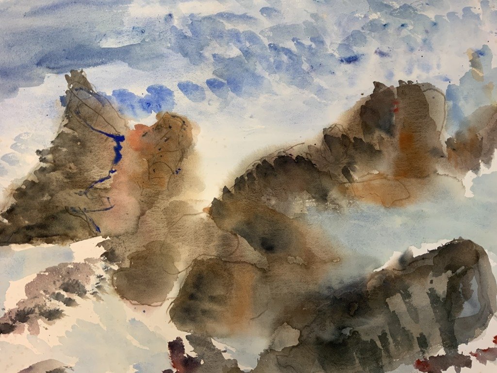Sylvia Imershein Signed Watercolor: Sylvia Imershein Signed Watercolor, signature to lower left reads ‘Sylvia Imershein’, blue and brown washes of color, measures 22 x 28 inches, double matted in white, loose from matting, not frame