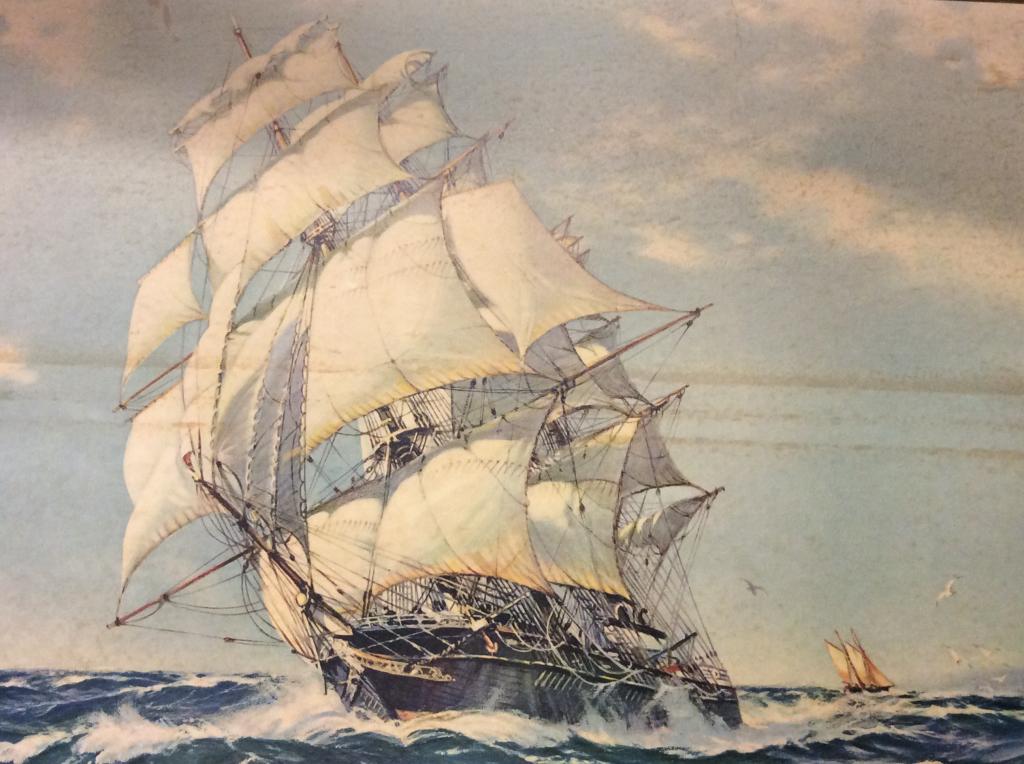 Framed Maritime Print on Board: Framed print on board of ship at sea. Board is set in wood style frame. Plaque on frame reads ‘Queen of the Sea’ by MacGregor. Measures approx 27.8 inches in height by 43.8 inches in width with fr