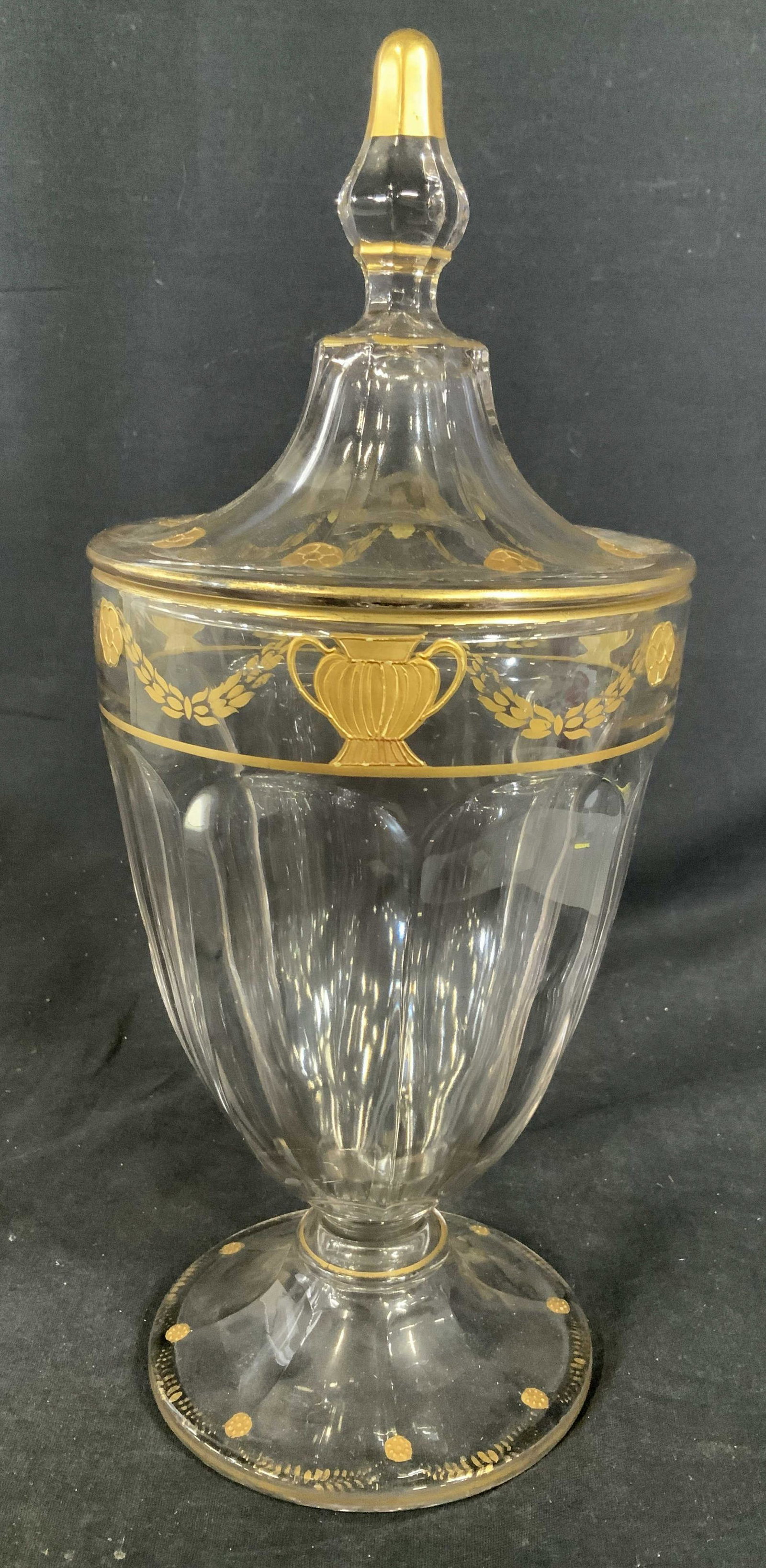 Decorative Glass Urn: Decorative glass urn, no apparent stamps or inscriptions, painted gold accents, floral and amphora shaped vessel pattern, removable lid, some wear to designs but overall in good condition, measures 6 