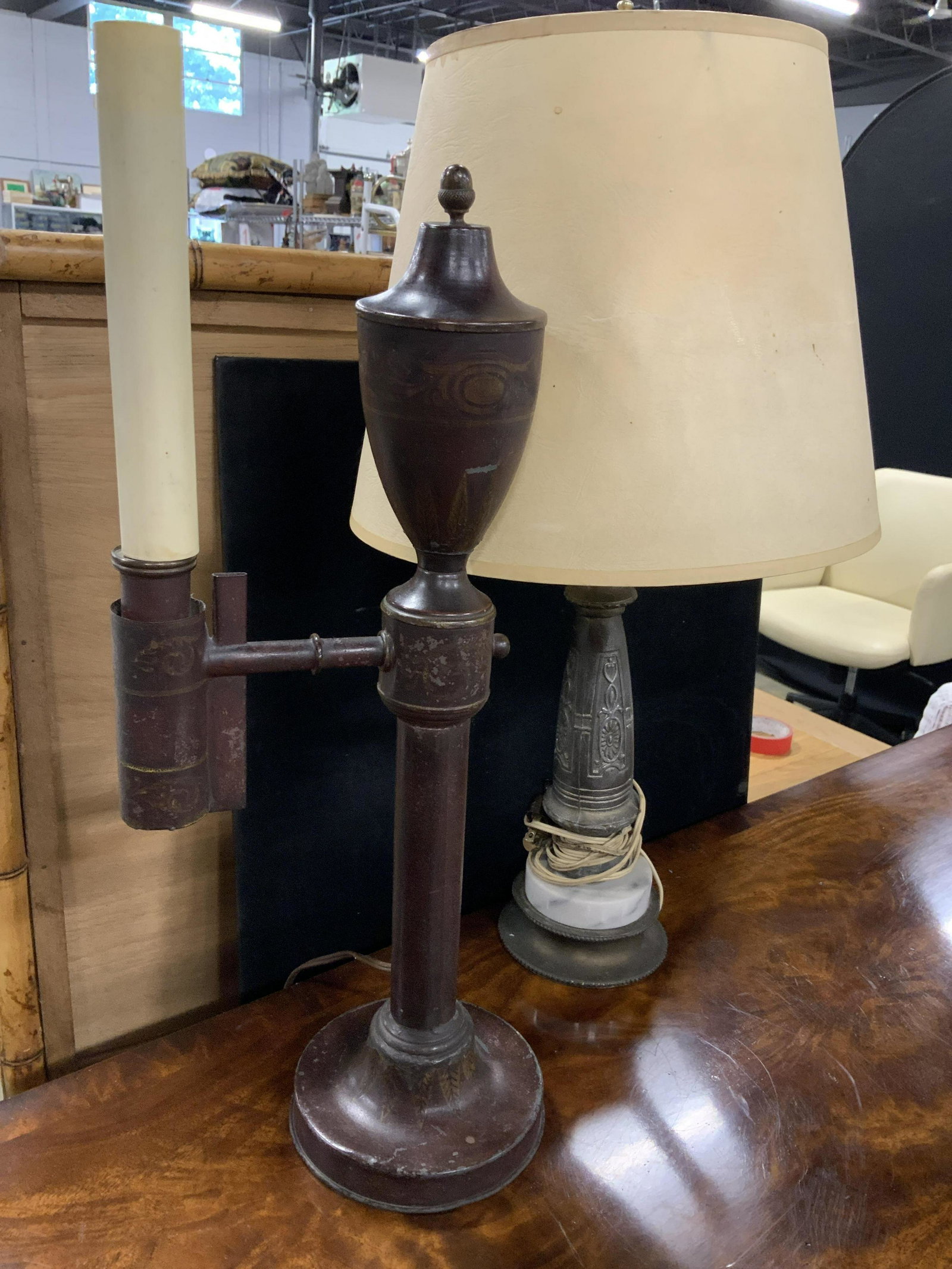 Two Vintage metal Lamps, Toleware, pewter: Lamp has etched metal base, measures to finial, toleware lamp has losses to paint, measures ht app 21 inches, home lighting and accessories, home decor, table lamps,