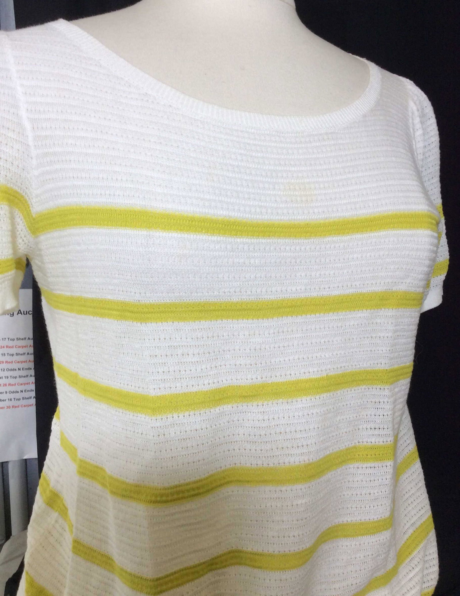 Ann Taylor Loft Linen/Cotton Summer Sweater: Short Sleeve and lightweight. Size Med. designer label attached, 54% linen, 46% cotton. Horizontal stripe design with chartreuse color. Light blemish upper center. Summer Wear Sweater, Lightweight Swe