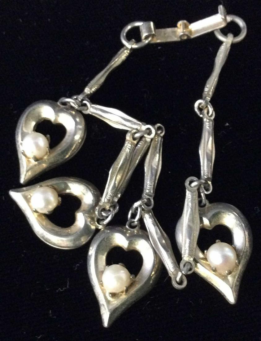 Vintage Gold Tone Hearts & Pearl Charm Bracelet: Open heart dangle charms with center 4mm (app) pearl, possibly costume pearls, Box clasp, c. 1950s. 7 in. Costume Jewelry, Hearts, Ladies Vintage Bracelet, Ladies Fashion, Ladies Accessories, Bracelet