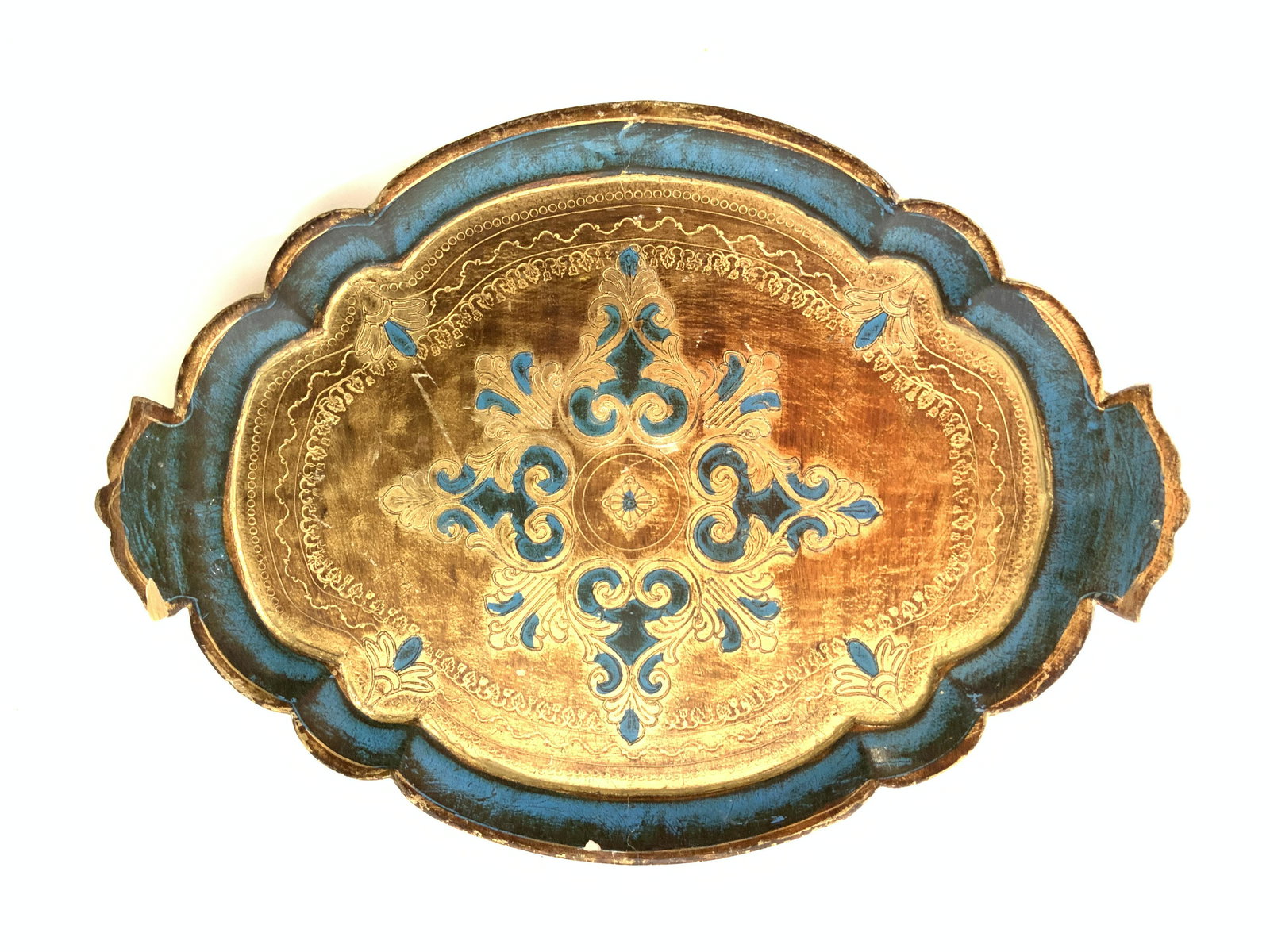 Gold Leafed Florentine Tray, Italy: Made in Italy, coffee table tray, or wall hanging, Italian decorative arts, Italian arts and crafts, gold leafed and aqua toned design, home decor, decorative object, decorative accessory, measures 14