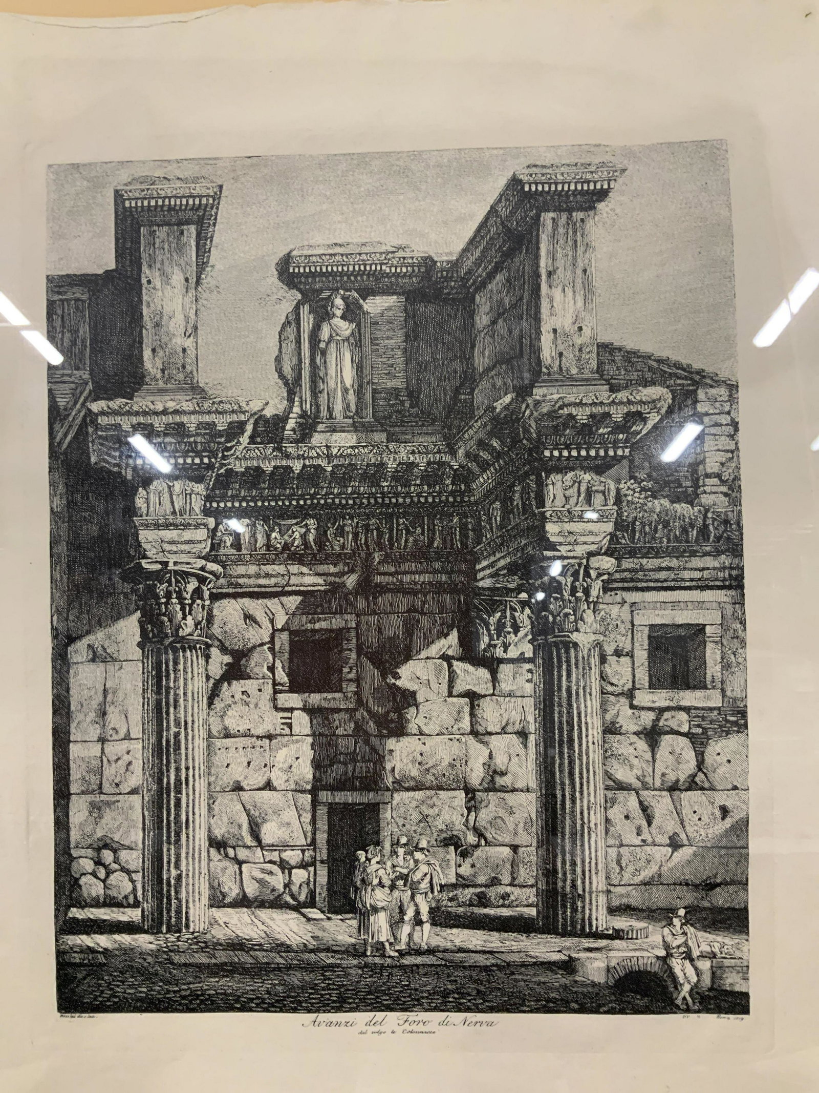 Luigi Rossini Forum of Nerva Engraving: Luigi Rossini Forum of Nerva Engraving, after the artist’s original work, inscription to lower portion of piece in Italian, a public square with Roman architecture and figures, measures 31 7/8 x 23