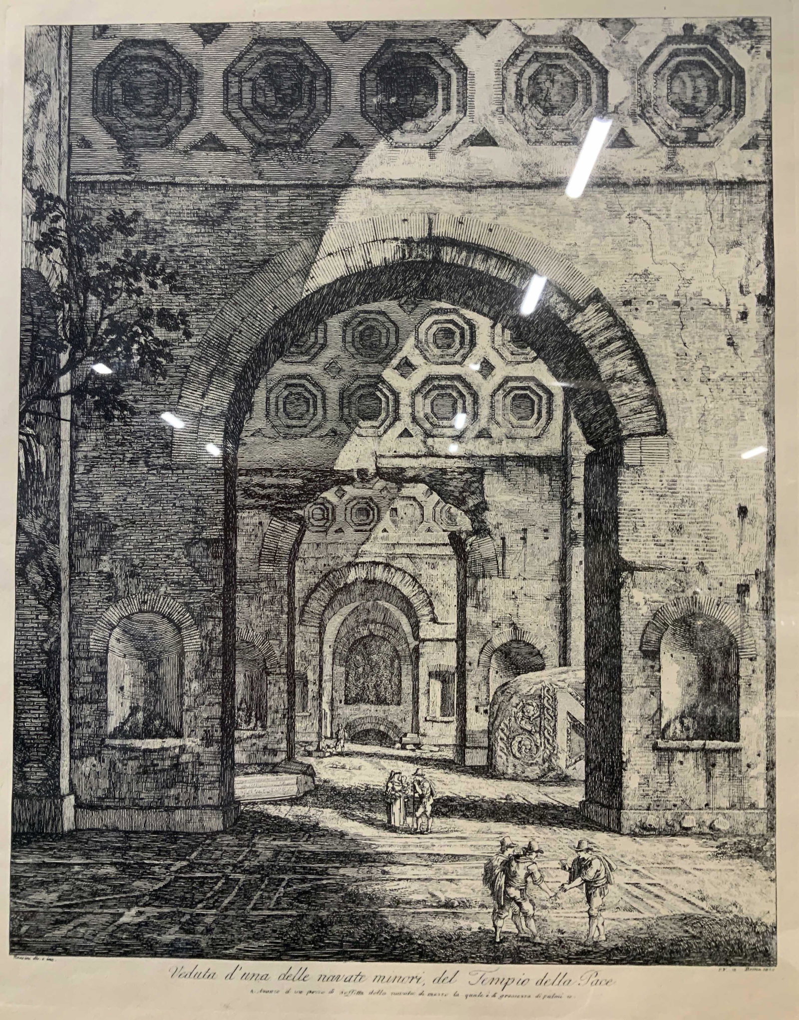 Luigi Rossini Temple of Peace Engraving: Luigi Rossini Temple of Peace Engraving, after the artist’s original work, inscription to lower portion of piece in Italian, a view of a nave within a temple, measures 31 3/4 x 23 3/4 inches, silver