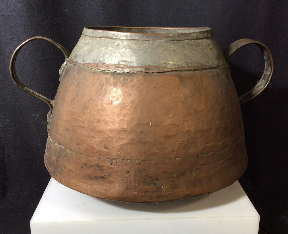 Hammered Metal Tribal Cowden Pot: Vintage Pot, used for cooking and mashing, and as a container for food commodities. Side handles, Combination of metals & Weighted piece. 5.75 in Ht , Base width app 9 in. Decorative Accessories, Vint