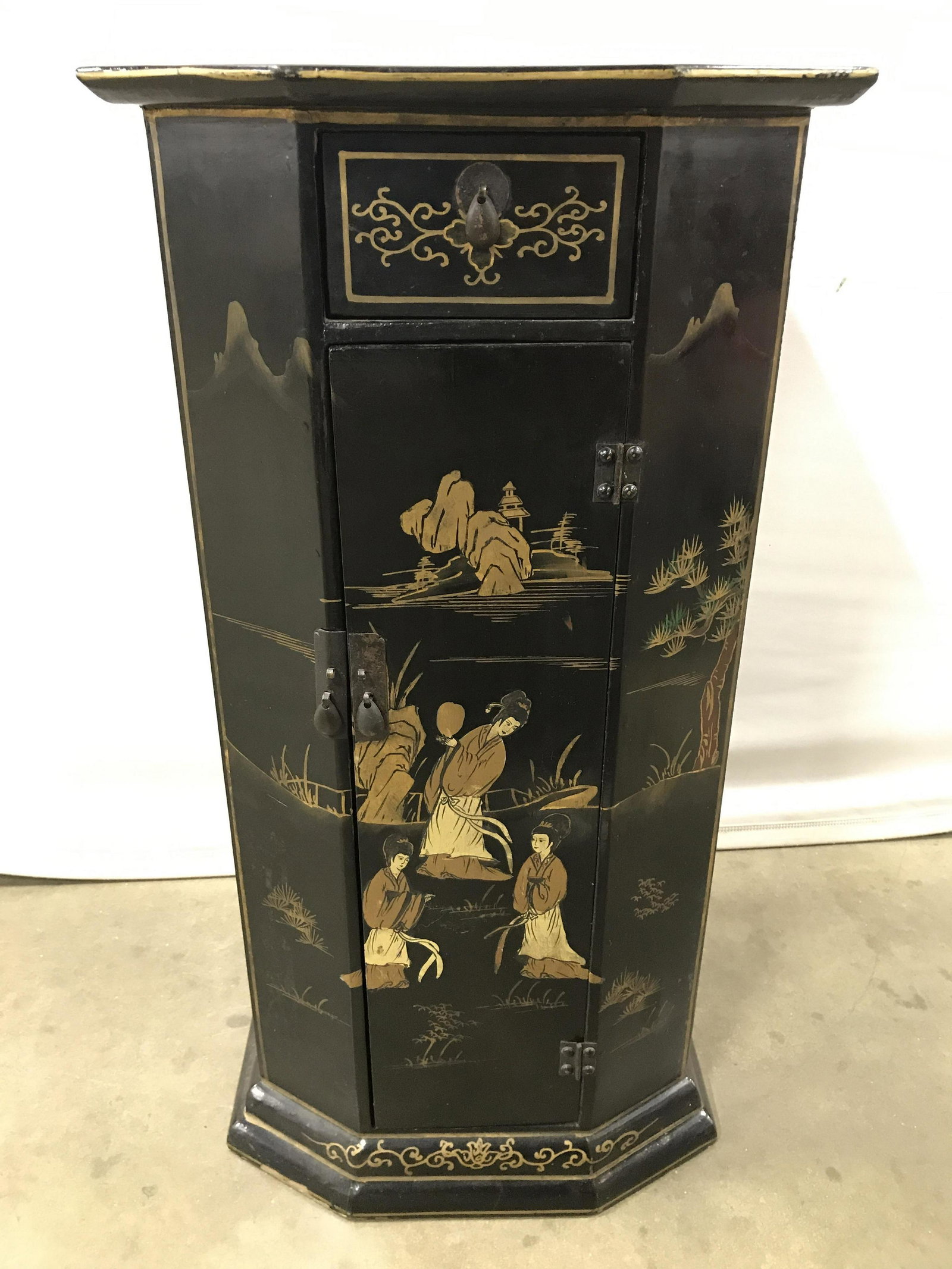 Vintage Lacquered Asian Chinoiserie Side Table: Side Table is vintage. Piece is lacquered. Console intricate painted Figural detail. Piece has small drawer near top and slim cabinet door. Side table, Asian Side Table, Lacquered side table, Asian ta