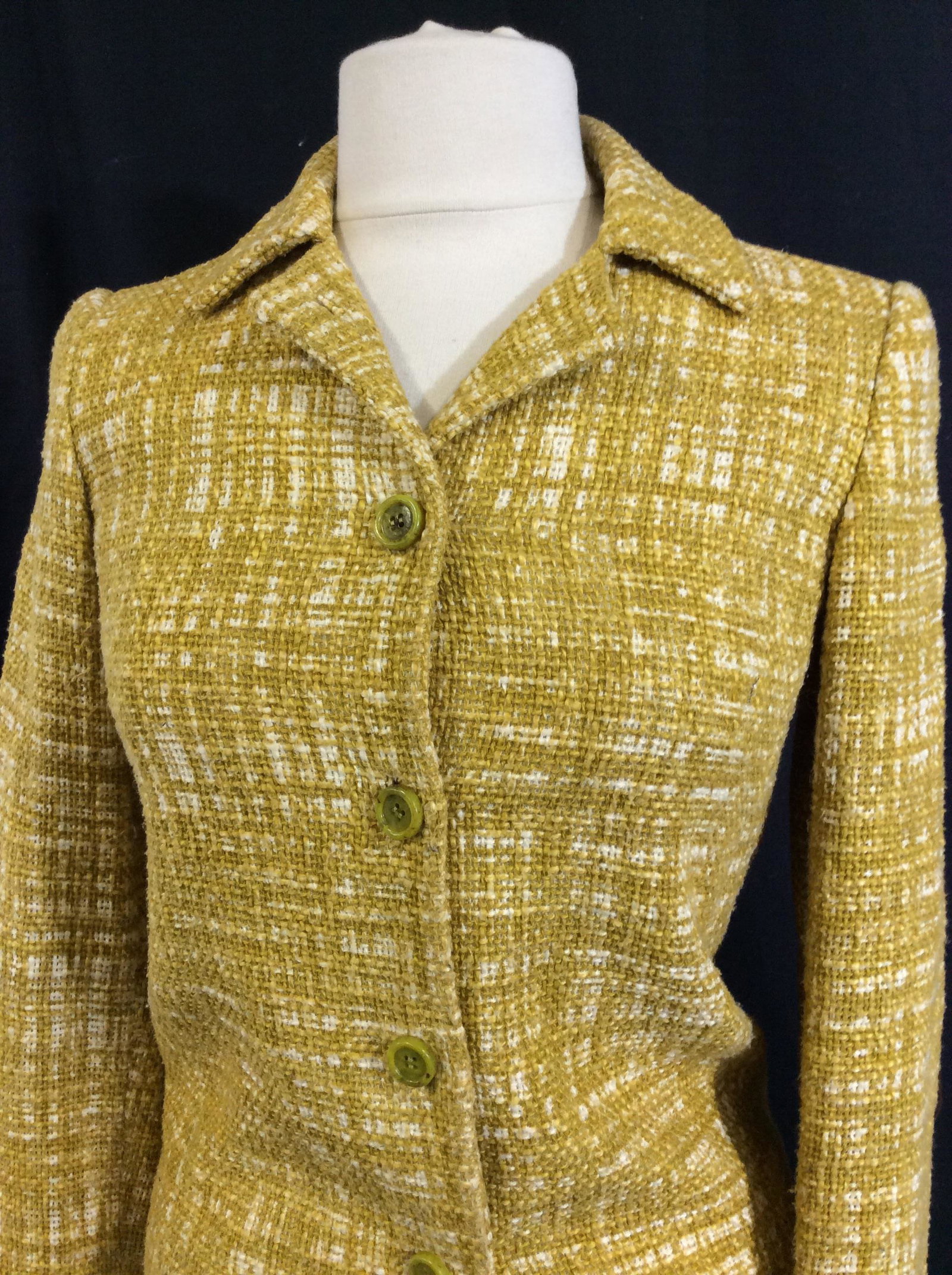 Luxe PRADA MILANO Cotton Linen Suit Jacket, Italy: Luxury Designer Brand Suit Jacket. Woven jacket, with matching color lining of Rayon, mustard with bits of white, size 40 (US Small). Label attached with care instruction. 1 spot to lining, very good 