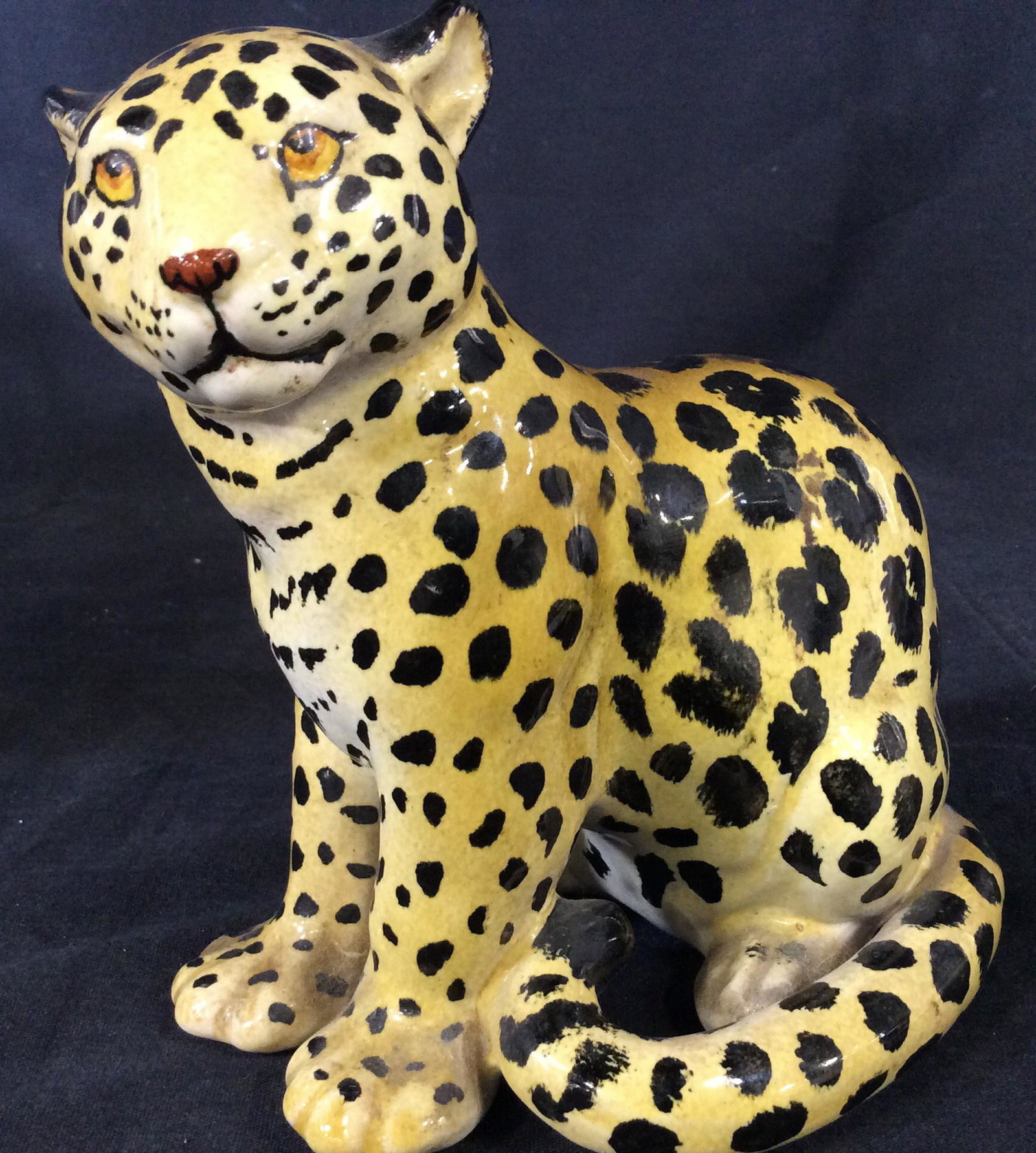 Glazed Terra Cotta Cheetah Sculpture: Yellow eyes, solid black spots on creamy yellow, glazed. 7.5 x 4.5 in. Ht. 6.5 in. Terra Cotta Painted Cheetah Sculpture, Ceramics, Cat Of Prey, Jungle Cat Figural Decor, Statue, Sculpture, Shelf Deco