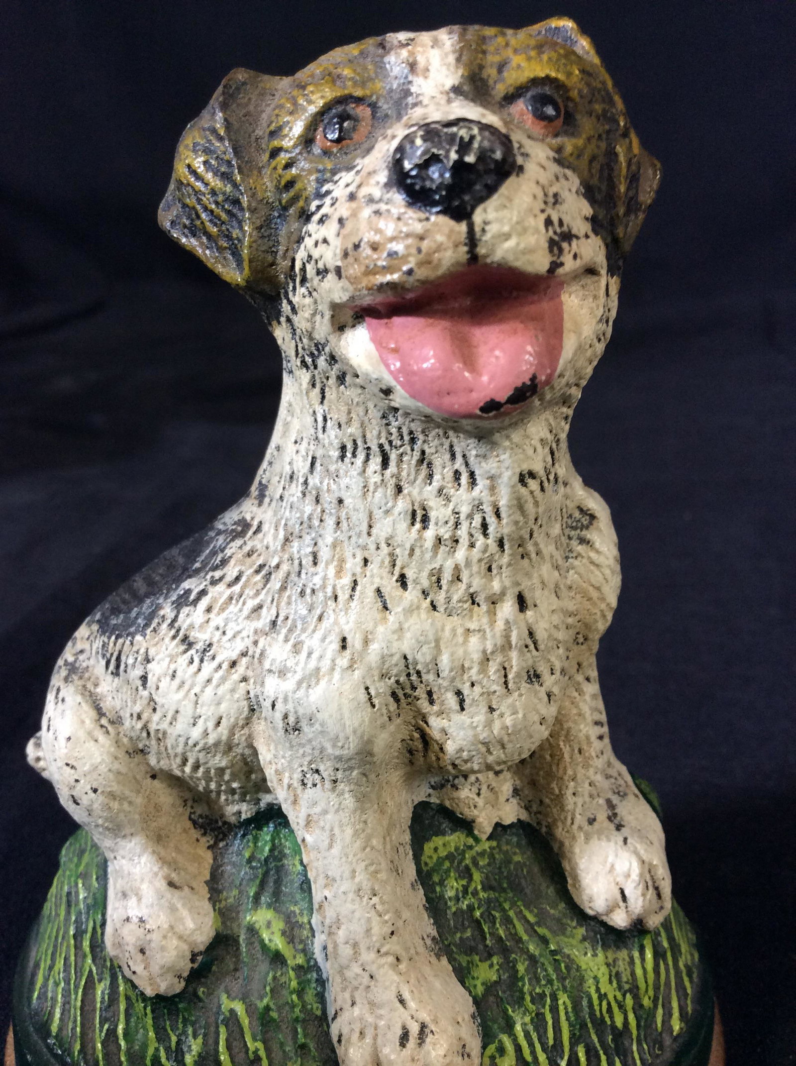 Cast Iron Dog Figural Door Stop, Hand Painted: Cast Iron In Relief, paint by Hand, dog sitting on grass. Ht 5 in. Width 3.5 in. Bottom length 4.5 in. Door Stop, Painted Iron Dog Figural Door Stop, Dog FiguralStatue, Tabletop Shelf Display, Metal A