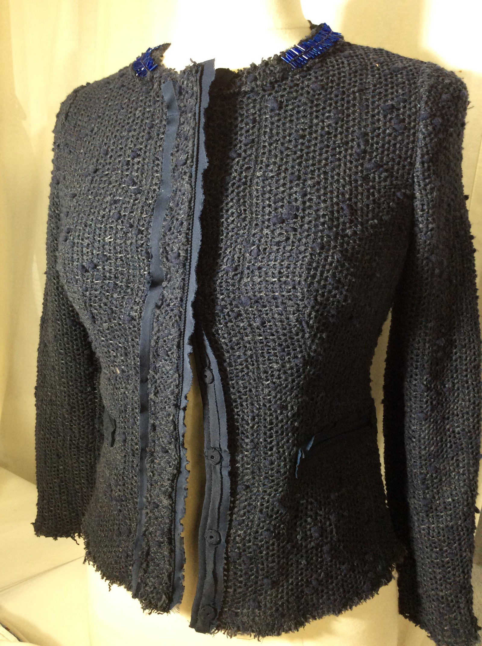Navy Cotton & Wool Vtg. Boho PRADA Blazer, Italy: Woven combo of cotton, linen & wool with all SILK Lining. Size 38, xs for US size. Vintage Jacket with blue beaded color, Prada label attached, care instruction. Luxury Italian Clothing Brand, Luxury 