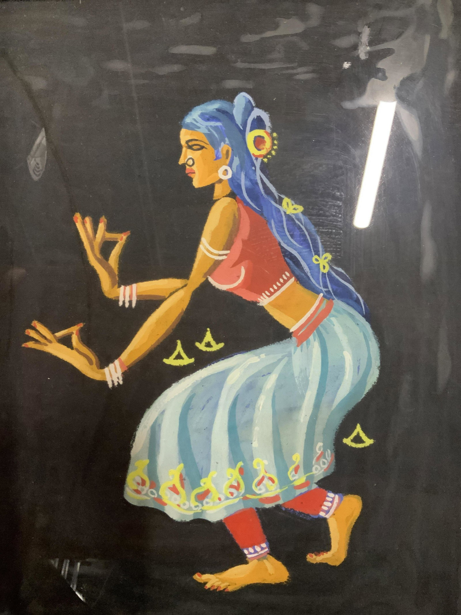 South Asian Style Acrylic on Fabric Artwork: South Asian style acrylic on fabric artwork, no apparent inscriptions or signatures, was not examined out of frame, a stylized woman with hand gestures in Buddhist mudra, measures 14 1/8 inches x 11 3