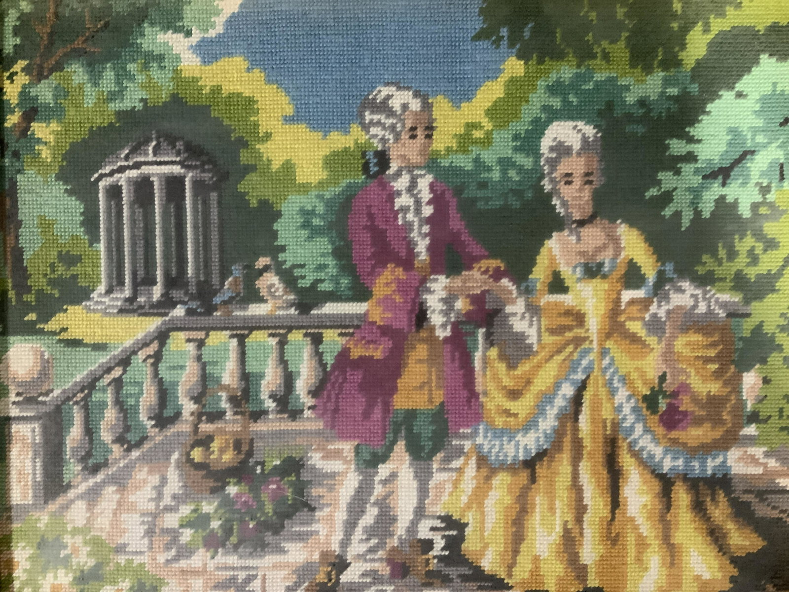 French Rococo Style Needlepoint Artwork: French Rococo style needlepoint artwork, no apparent signatures or inscriptions, was not examined out of frame, a man and woman in Rococo style clothes standing in garden, measures 16 3/8 inches x 20 