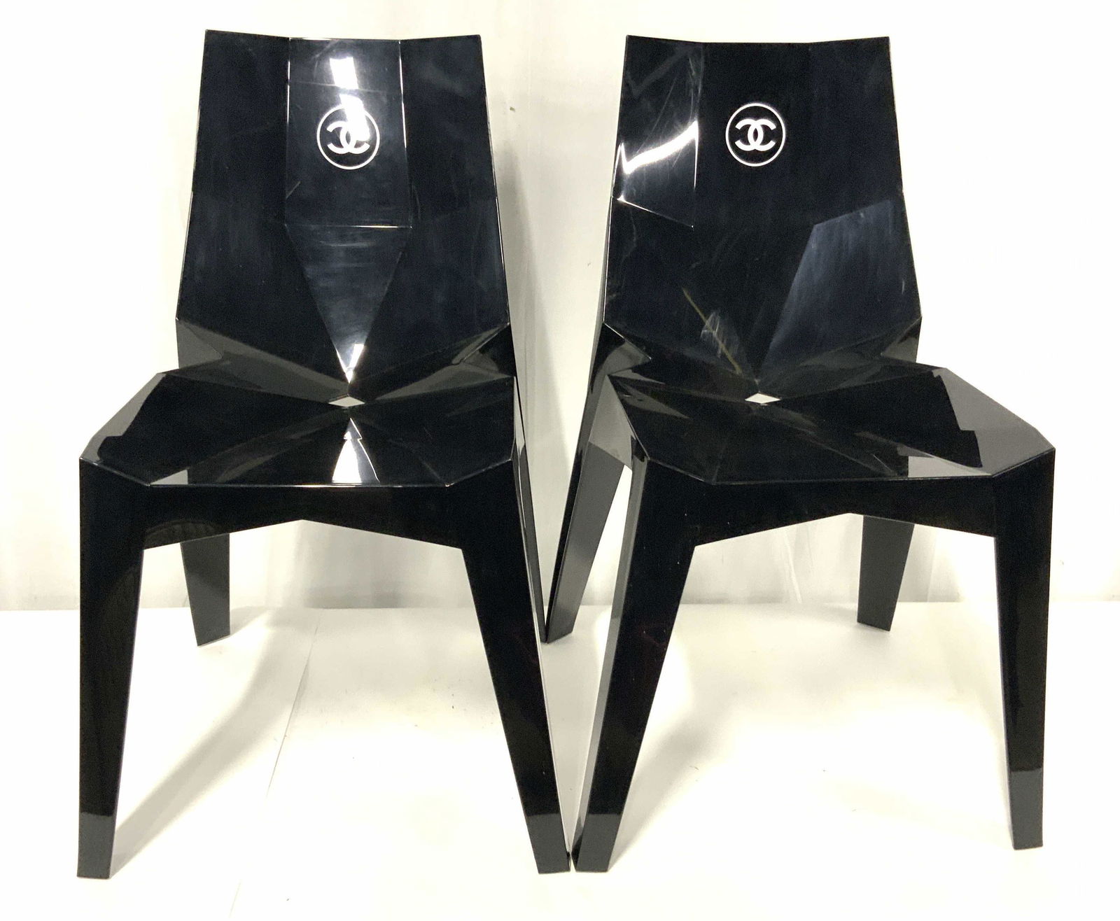 Rare Pair Authentic CHANEL Boutique Logo Chairs: Authentic pair of Chanel Logo chairs from CHANEL bootie, label on underside reads ChanelPhoto Shoot Display Only, property of Palm Beach Florida Estate and purchased from CHANEL post photo shoot, pair