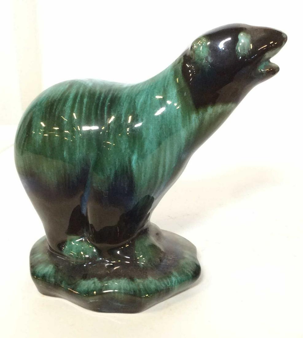 Glazed Terra Cotta Polar Bear Figural: Green with darker green shades fading to black. Handmade. 8 in. L x 4.5 in. W, 7 in ht. Decorative Terra Cotta Arts, Handmade Pottery, Polar Bear Ceramic Figural, Green Glazed Terra Cotta polar bear, 
