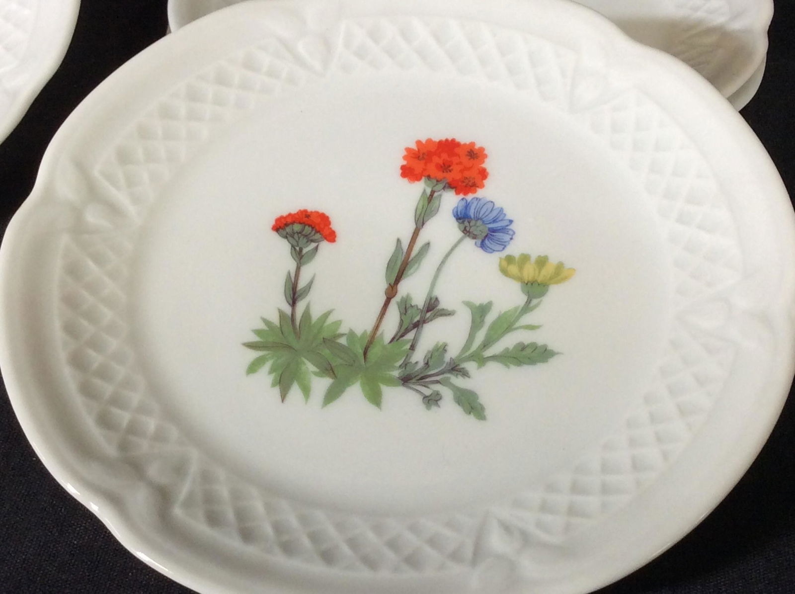Set 6 BERRY HAUTE Porcelaine Plates, France: Dessert Plates, Bread Plates, all White Bone China with rich Center wild flowers in bright red, blue and yellow. Basket Weave Border In relieve. Diameter 5.75 in. Hallmarked BERRY HAUTE Porcelaine on