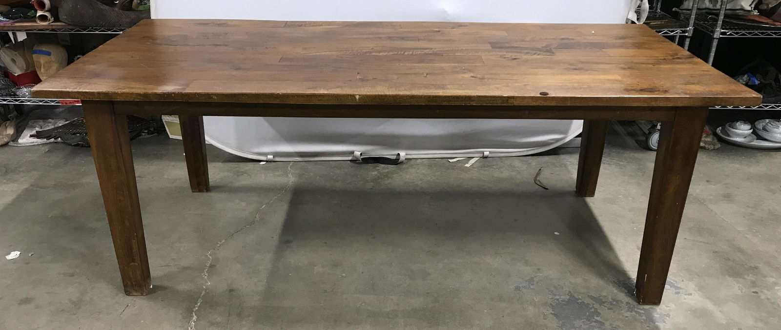 Vintage Wood Farm Table: Vintage wooden farm table, possibly antique. Measures approx 29.5 inches H, 82 inches W, 38 inches deep. Wear is consistent with age and use. Rustic decor, Farm table, kitchen table, dining table, woo