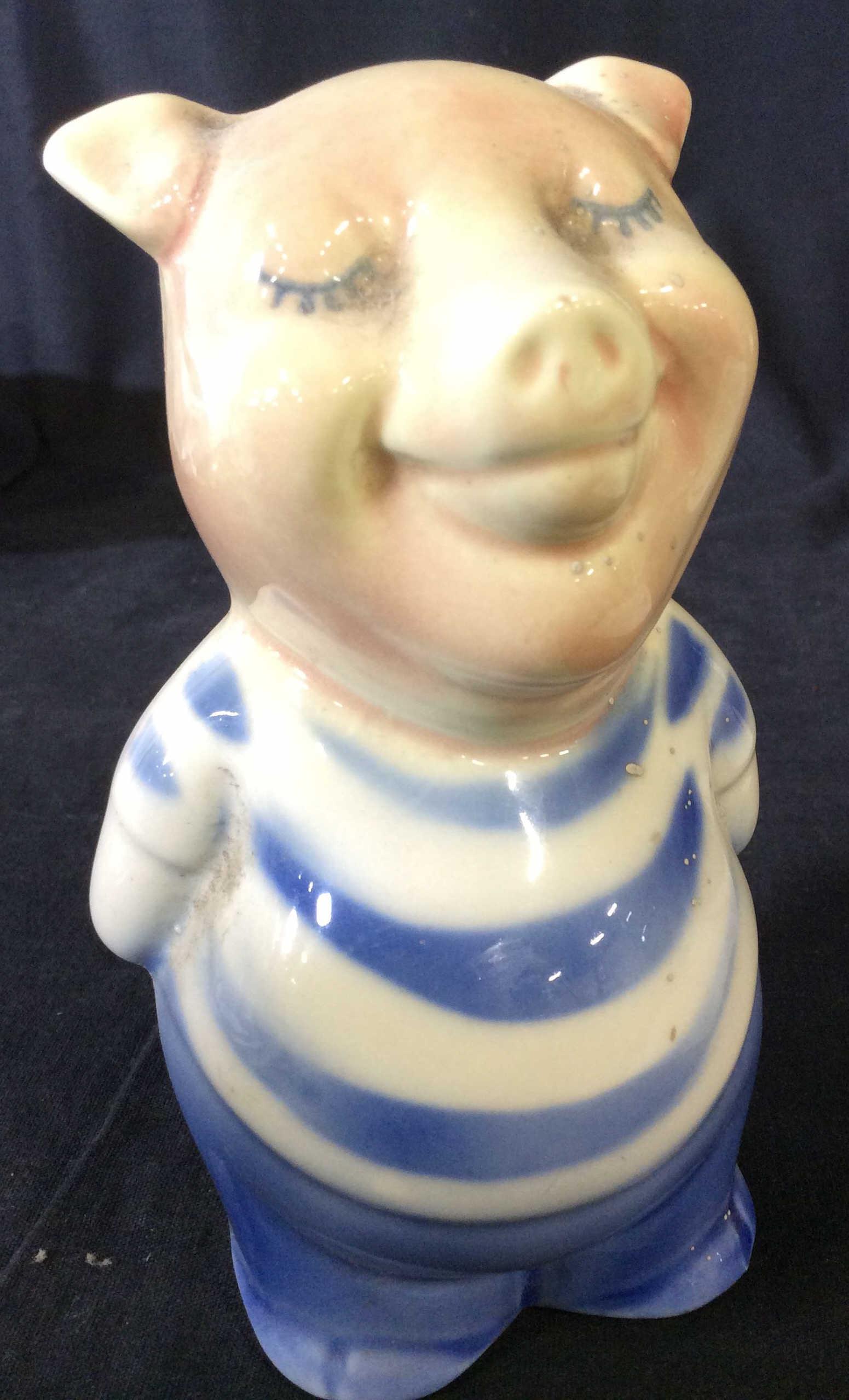 Pig Figural Ceramic Piggy Bank: Vintage Piggy Bank, top slit, Does not appear to have hole large enough to remove coins. 6.5 in. Tall. 4 in wide. Collectible piggy banks, Ceramic Piggy Bank, Child’s Piggy Bank, Pig Figural Ceramic