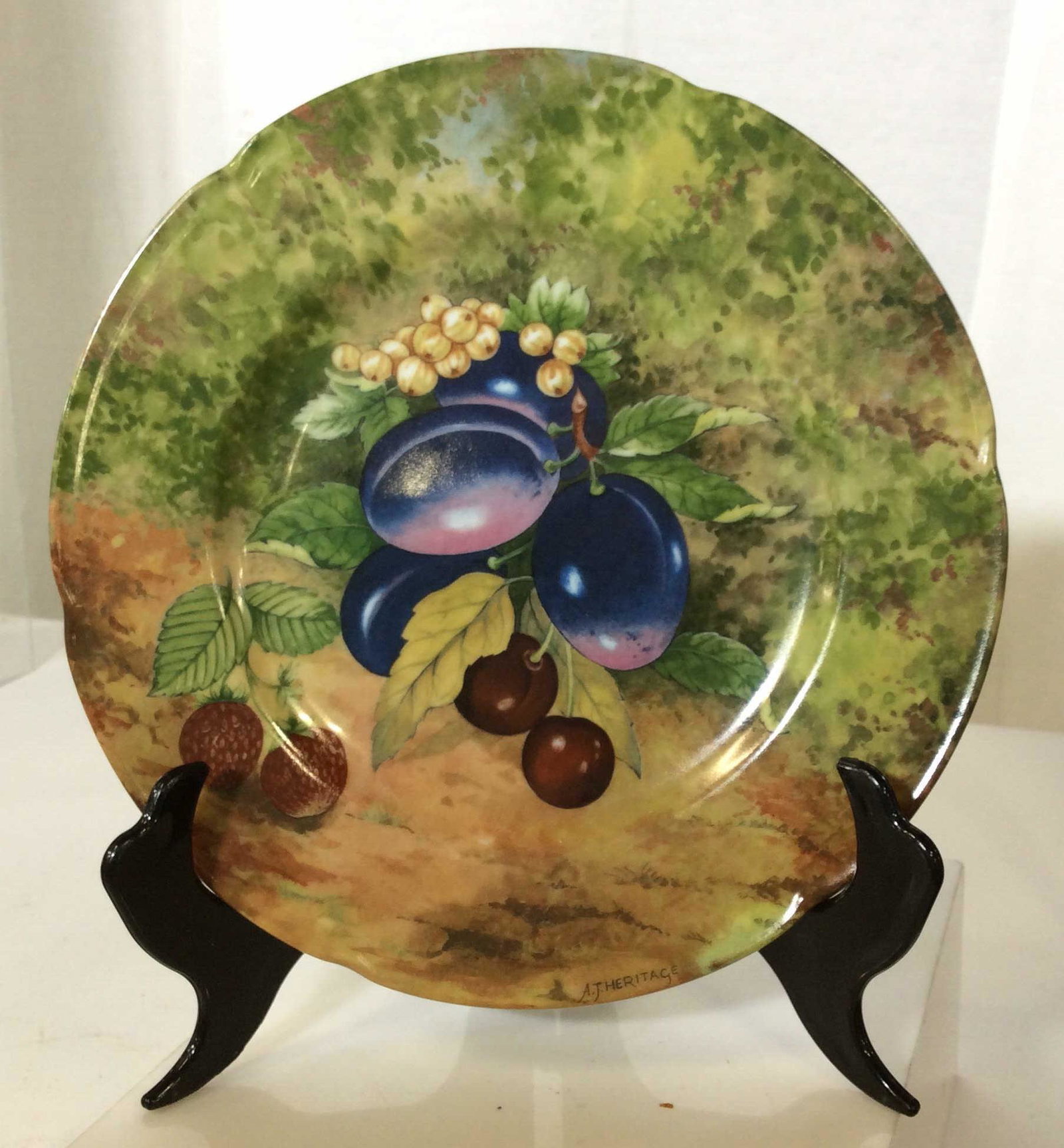 AJ Heritage LIMOGES Porcelain Plate Set 6: Vintage ROCHARD LIMOGES Salad/ luncheon/ dessert plates. All Hallmarked including green ink stamp ‘SL Limoges France’ under glaze. SIGNED BY ARTIST A.J. HERITAGE in black print. 7.5 in. Full color