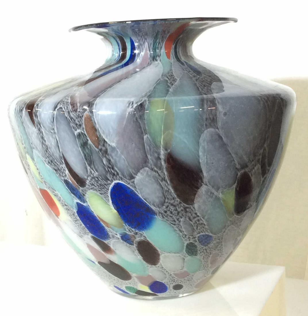Geo. AZZURRA Mouth Blown Blk Glass Vessel, Italy: Distinguished art glass made in Italy, labeled on sticker. This vintage mouth blown glass piece is made by Italian tradesmen by The AZZURRA Co. Design mimics elongated multi colored stones on black th