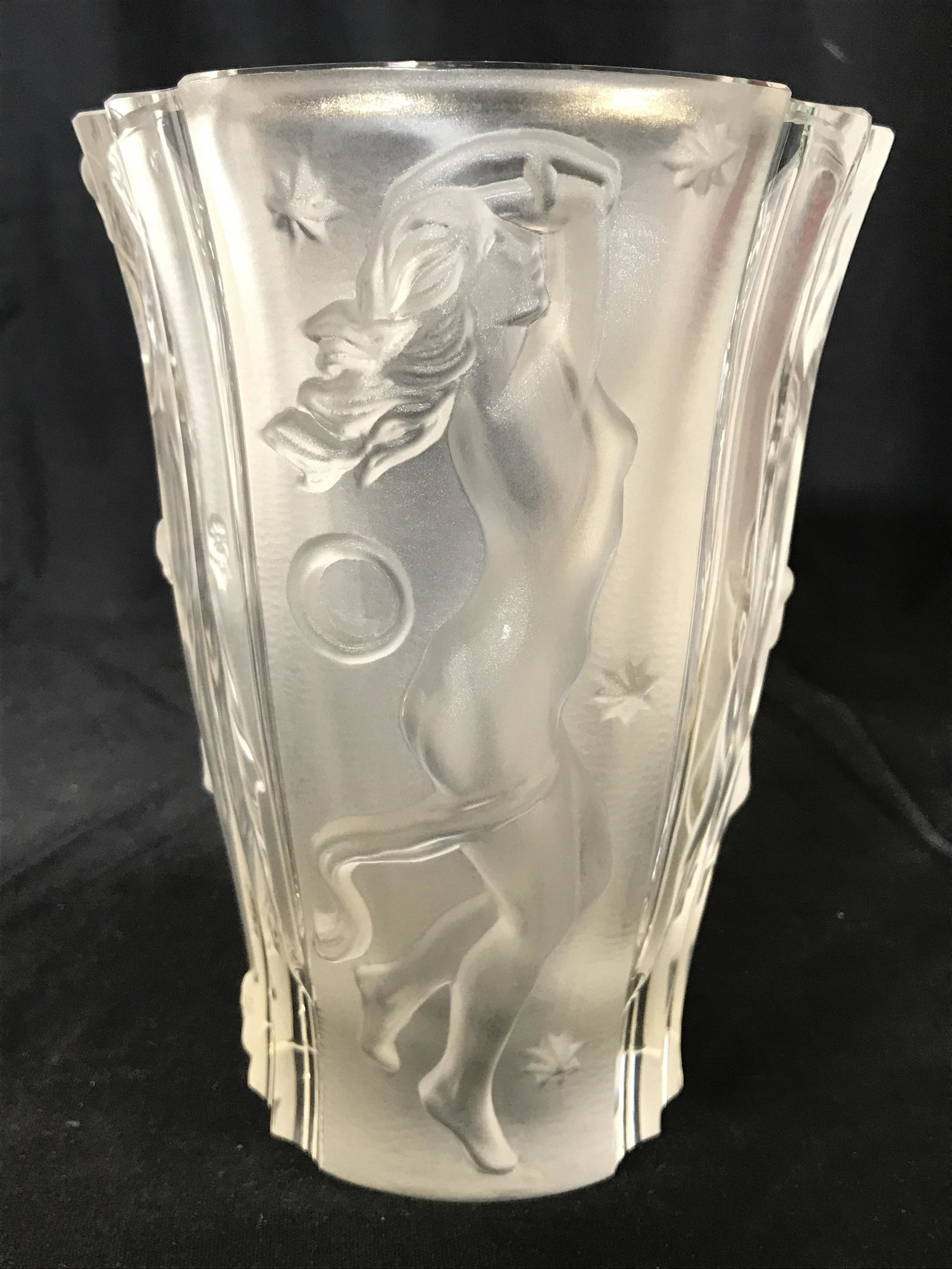 CZECH GLASSWORKS Frosted Cut Crystal Vase: Underside is marked CZECH GLASSWORKS MADE IN BOHEMIA CZECH REPUBLIC. Vase has frosted detail. Piece contains beveled female nude detail. Piece measures approximately 7 inches tall 5.5 inches wide. Cry