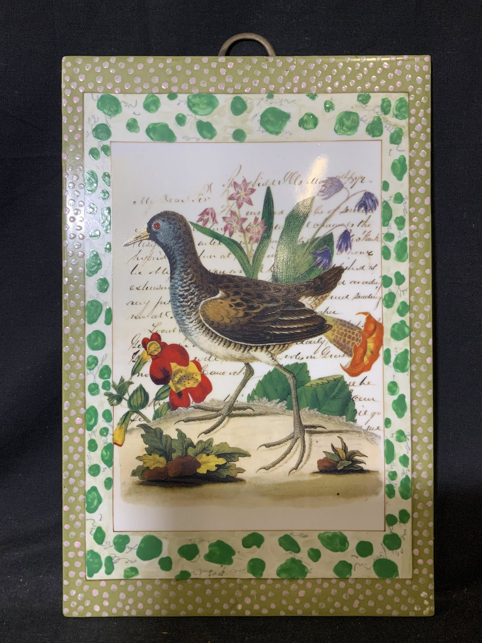 John Derian Hand Painted Ceramic Tile: John Derian hand painted ceramic tile with bird, 3 of set of 4 being auctioned, After the biological illustrations of George Edwards, inscriptions written in cursive, inscription to reverse reads ‘�