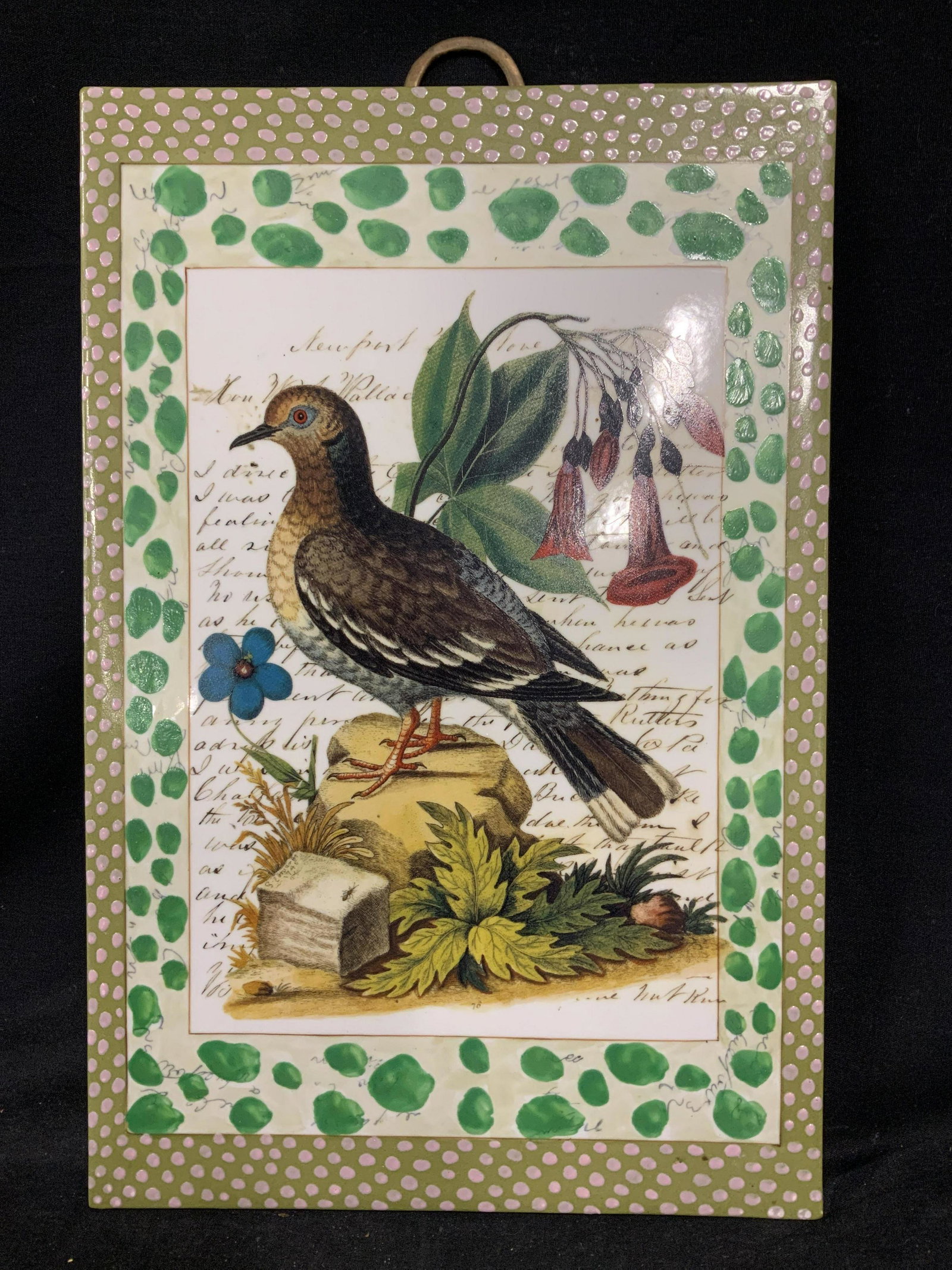 John Derian Hand Painted White Winged Dove Tile: John Derian hand painted white winged dove ceramic tile, 4 of set of 4 being auctioned, After the biological illustrations of George Edwards, inscriptions written in cursive, inscription to reverse re
