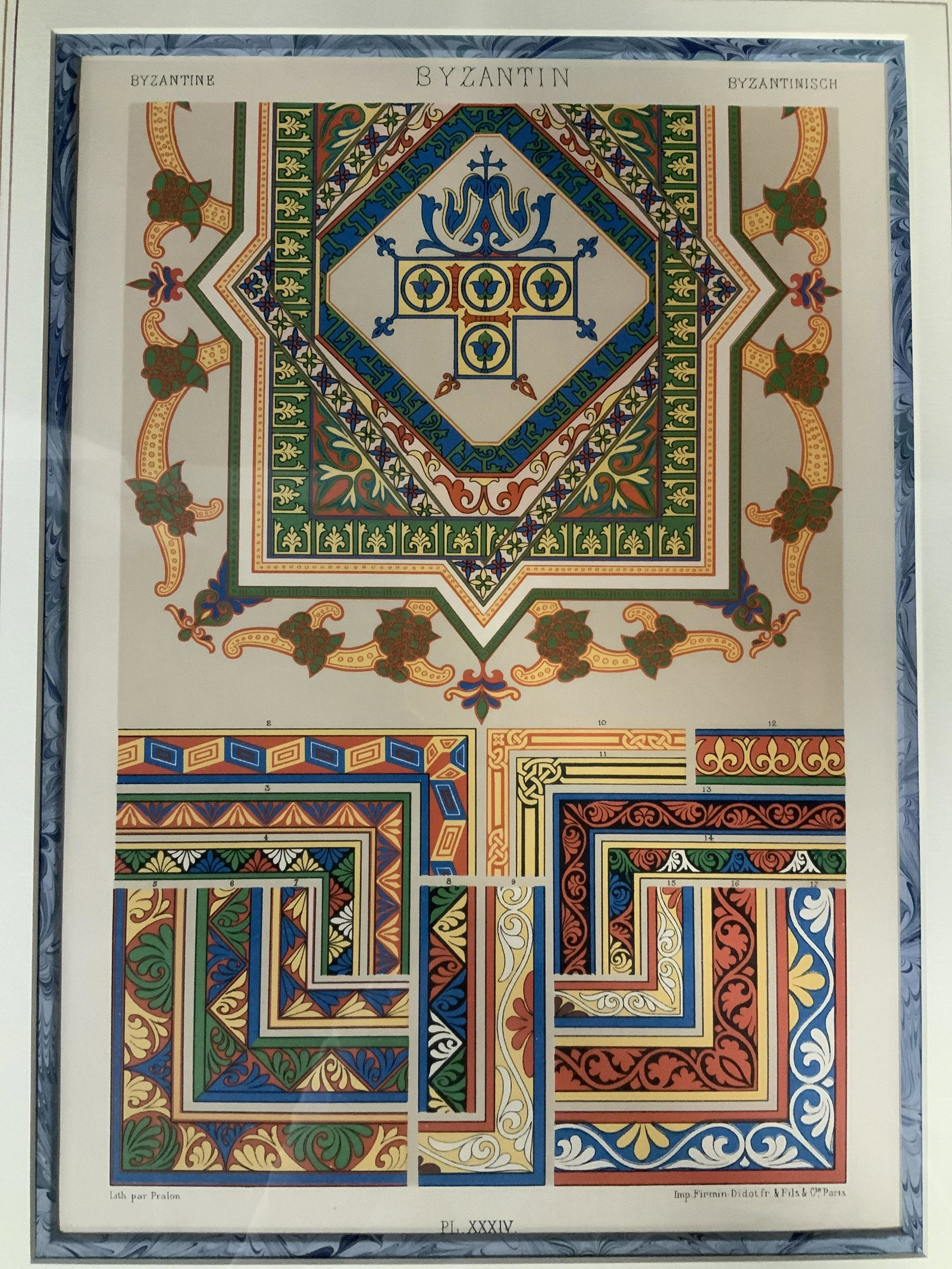 Racinet Antique Chromalitho L'Ornement Polychrome: Auguste Racinet antique chromalithograph L'Ornement Polychrome, 1 of set of 4, information to reverse, upper right reads ‘Color Ornaments A Hundred Planks in Color’, lower left paper reads ‘Midd
