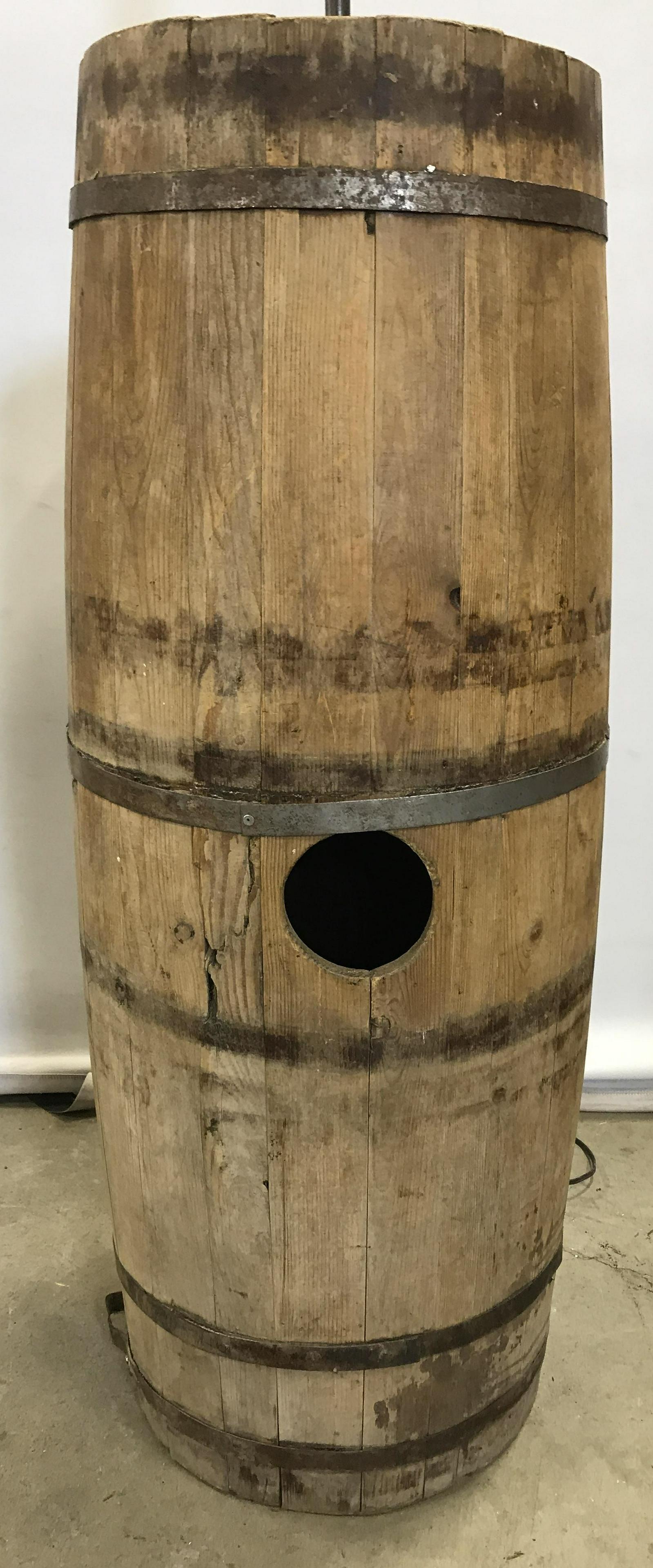 Vintage Barrel Form Floor Lamp, 4.6 ft: Vintage floor lamp, lamp converted from an antique barrel. Barrel is wood, Slate are secured with nailed metal straps. Shade not included. Measures approx 55 inches H, and 14 inches W. Wear is consist