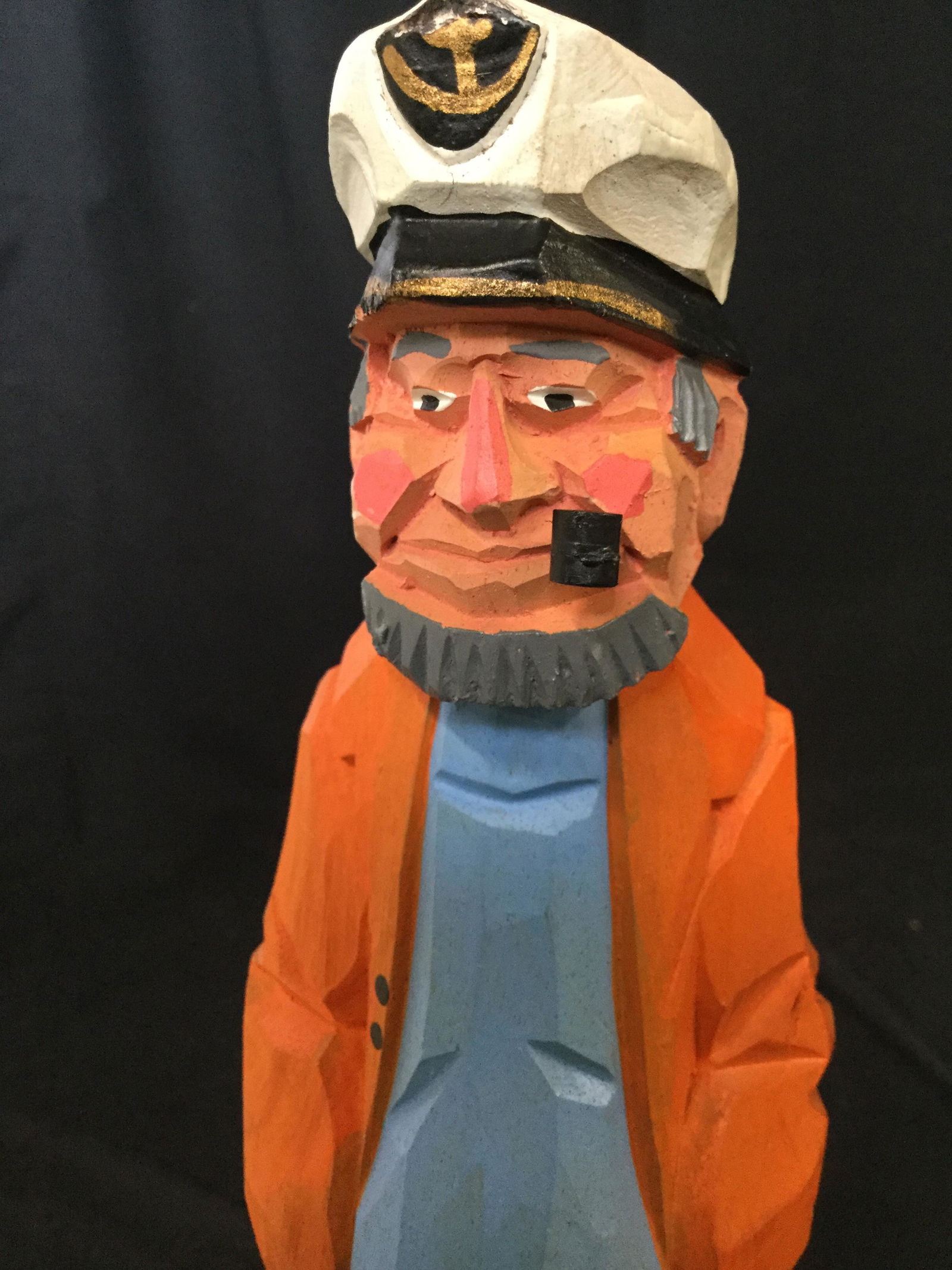 Vintage Carved Wood Sailor Figural: Carved wood sailor, hand painted sculpture, possibly vintage. Depicts an elderly sailors or ships captain smoking a pipe. Measures approx 12 inches H, and 3 inches W. Wear is consistent with age. Sail