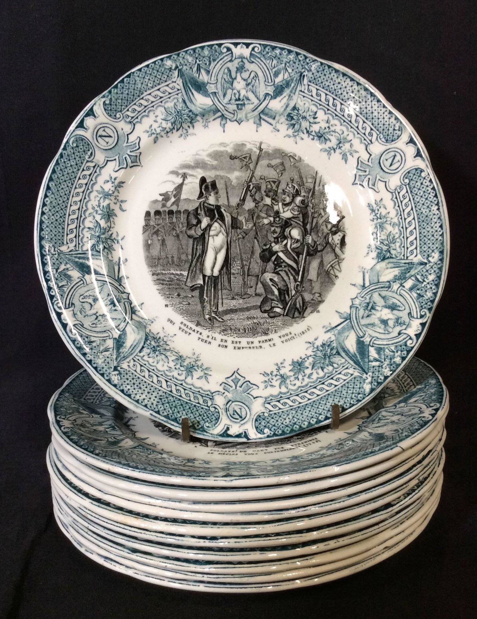 Set 11 SARREGUEMINES Decorative Plates: Set 11 Vintage Saucers, Possibly antique, decorative Saucers. The plates are by SARREGUEMINES, the underside of each is stamped and reads as DIGOIN SARREGUEMINES, each plate is also stamped with eithe