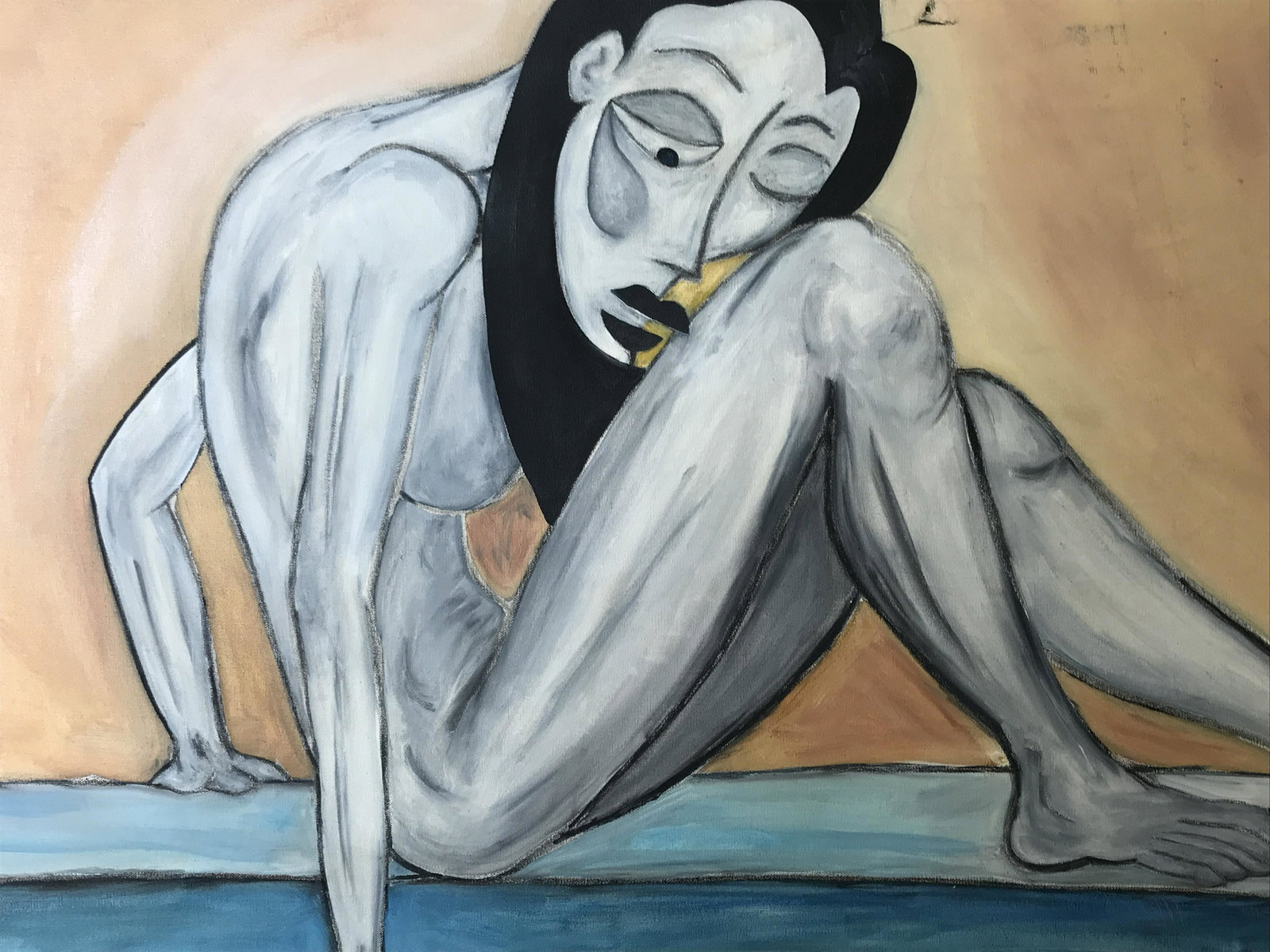 Berman Signed Oil on Canvas: Signed Oil on Canvas Female Nude, signature and date to the lower right corner reads ‘Berman 12-97’, subject a seated female nude holding a lemon, entire piece done in an abstract cubist style, no
