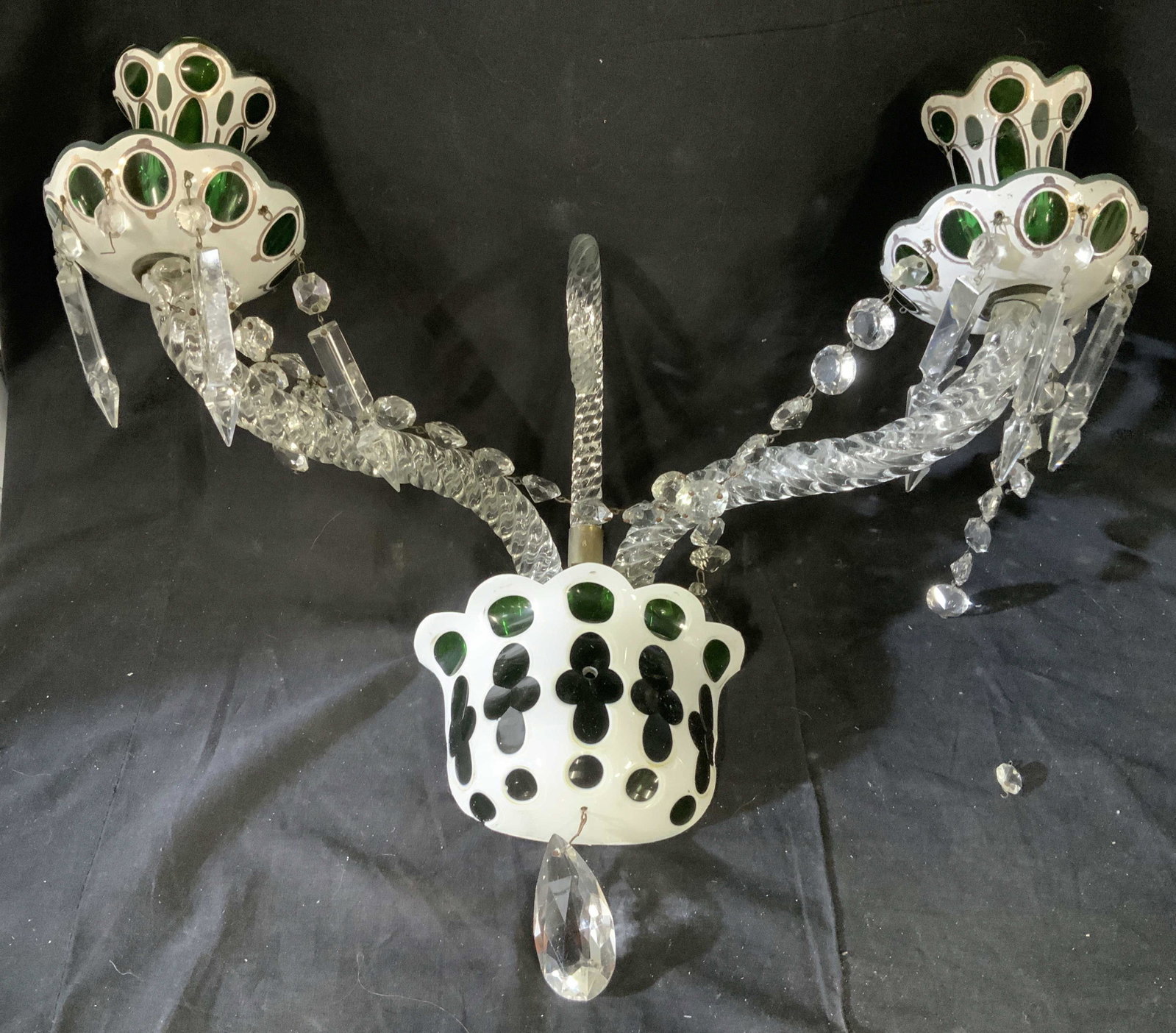 Pair Antique Ornate 3 Arm Bohemian Glass Lights: Pair Antique wall sconces, wall lights, each has three wide twist design crystal arms, center arm is curled scroll design, arms on each side hold green and white bohemian glass, two tiered fixtures wi