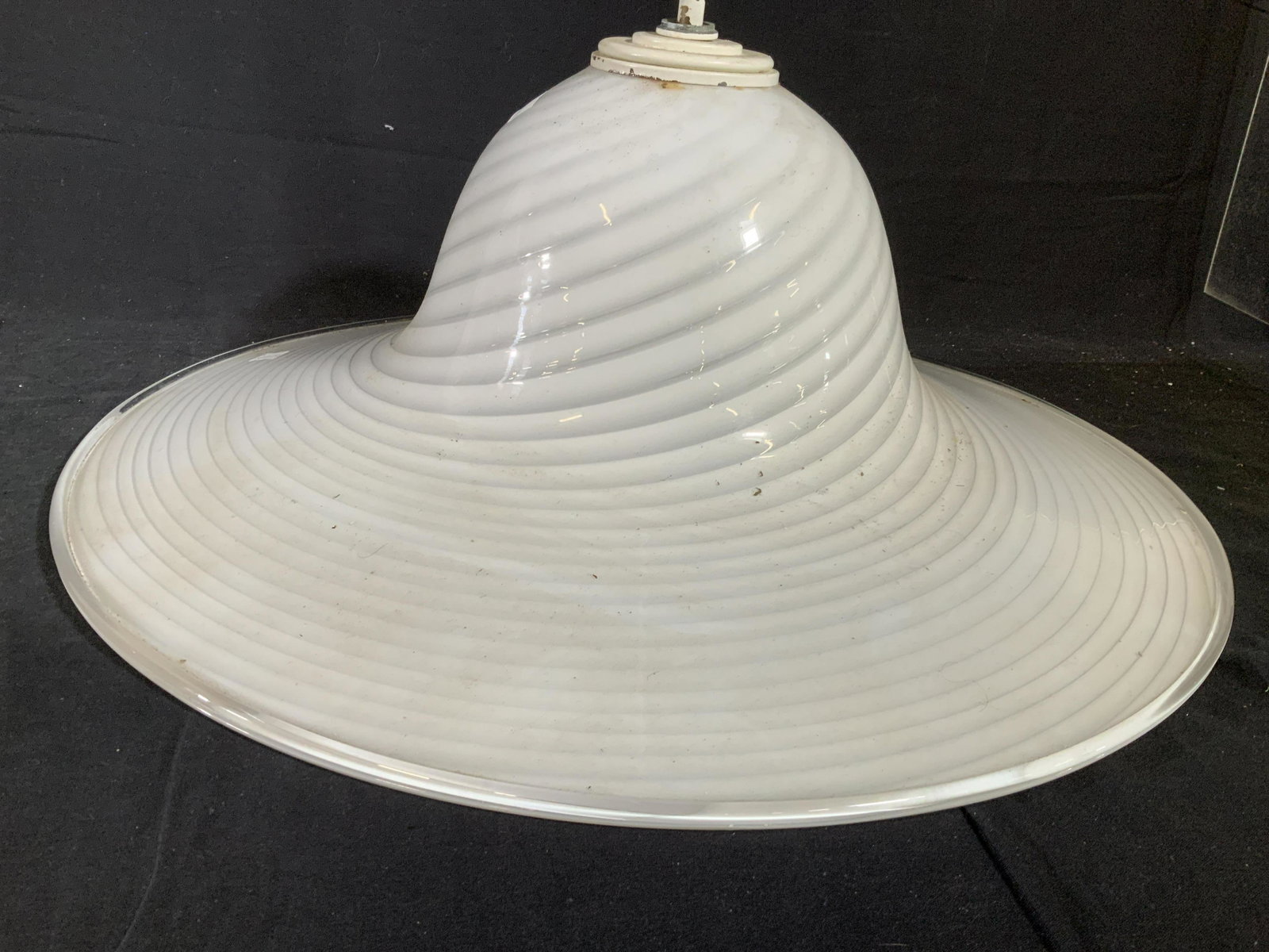 Large Venini Art Glass Swirl Chandelier: Wide brimmed bell or hat shaped light fixture, chandelier, ceiling lighting, Venini Art glass, Italian art glass, white and clear swirl pattern , measures ht of glass only 12 inches, to top of rod 36 