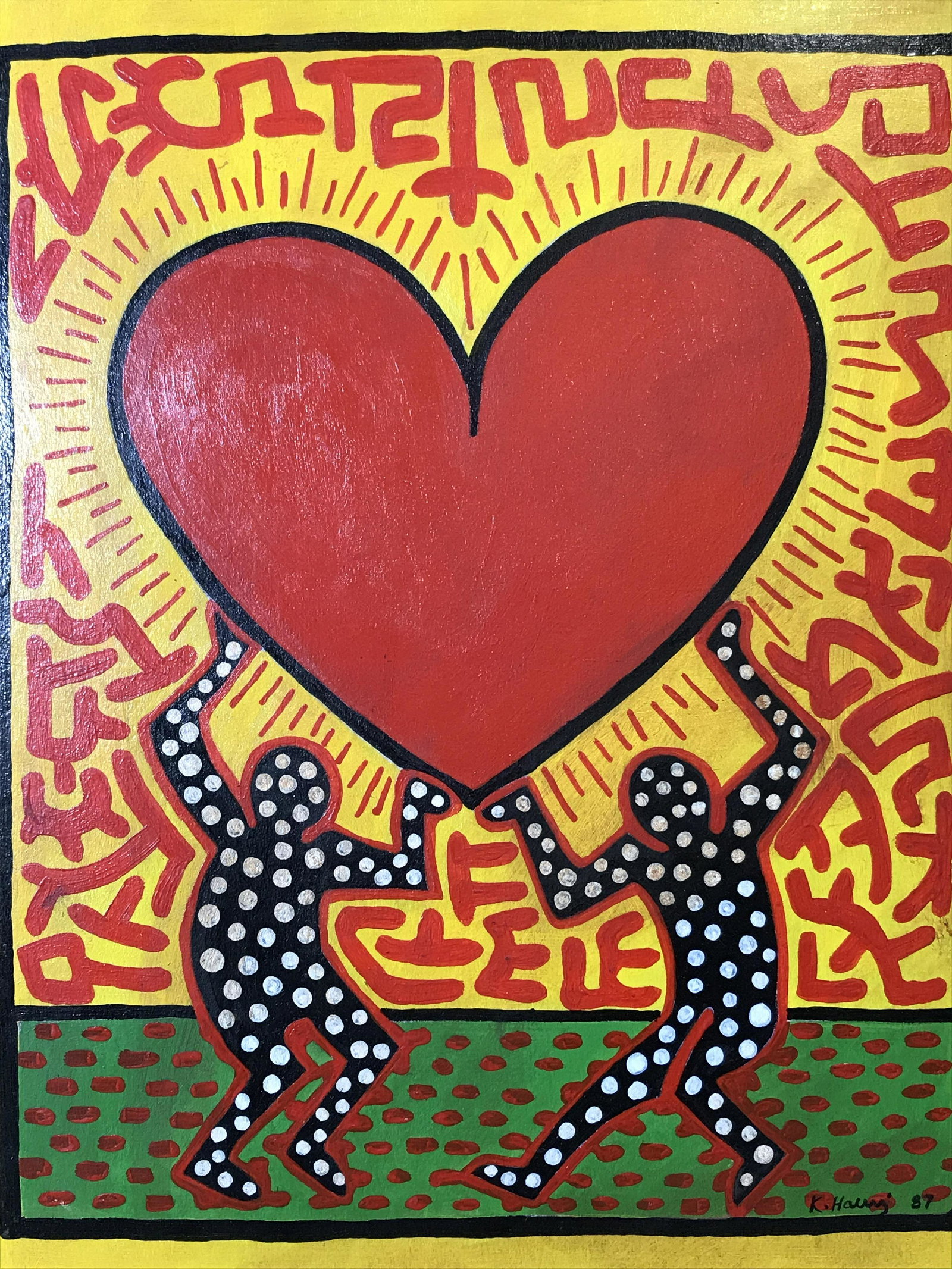 Signed Oil on Board AFTER Keith Haring: Signed Oil on Board AFTER Keith Haring, signature in the lower right corner in black reads ‘K.Haring’, date directly after signature reads 87, Please Note: All lots that do not carry established d