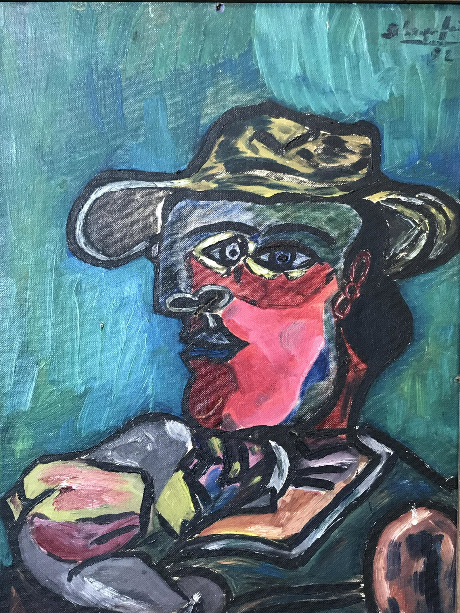 Signed Abstract Oil Painting on Canvas Board: Signed abstract oil painting on canvas board, signature and date to the upper right corner illegibly written possibly reads ‘— 92’, subject an abstract cubist figure with a hat, uses cloisonnism