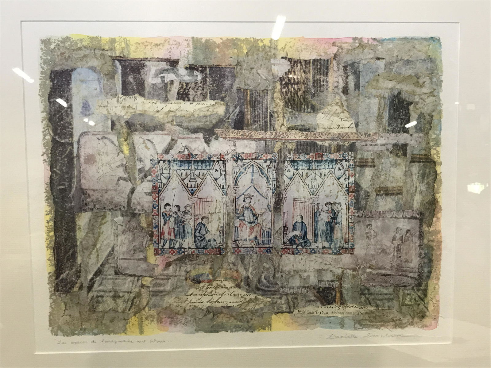 Danielle Desplan Signed Collage: Danielle Desplan signed collage, signature in the lower right corner reads ‘Danielle Desplan’, text in French to the lower left corner, subject a collage with a medieval scene in the middle, creat