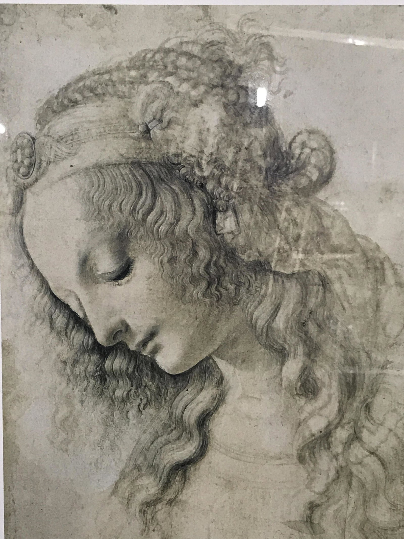 Offset Litho of Renaissance Underdrawing: Offset lithograph of Renaissance underdrawing, stamp to lower left corner partially covered, subject a Renaissance female figure looking down, double matted in tan and white, gilt wood frame, measures