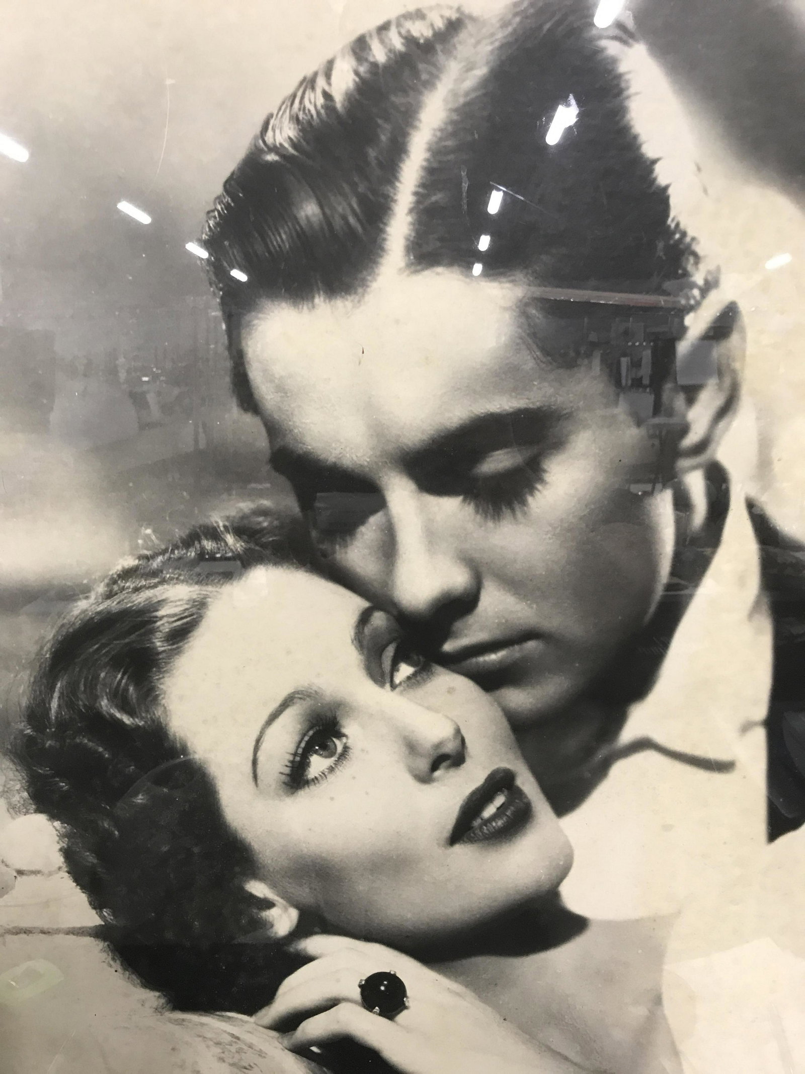 Grand Framed Vintage Black & White Movie Poster: Framed vintage black & white movie poster, actors on poster Loretta Young and Tyrone Power, some foxing to poster from age, oversized poster, black composite frame, measures 44.5 inches tall by 36 inc