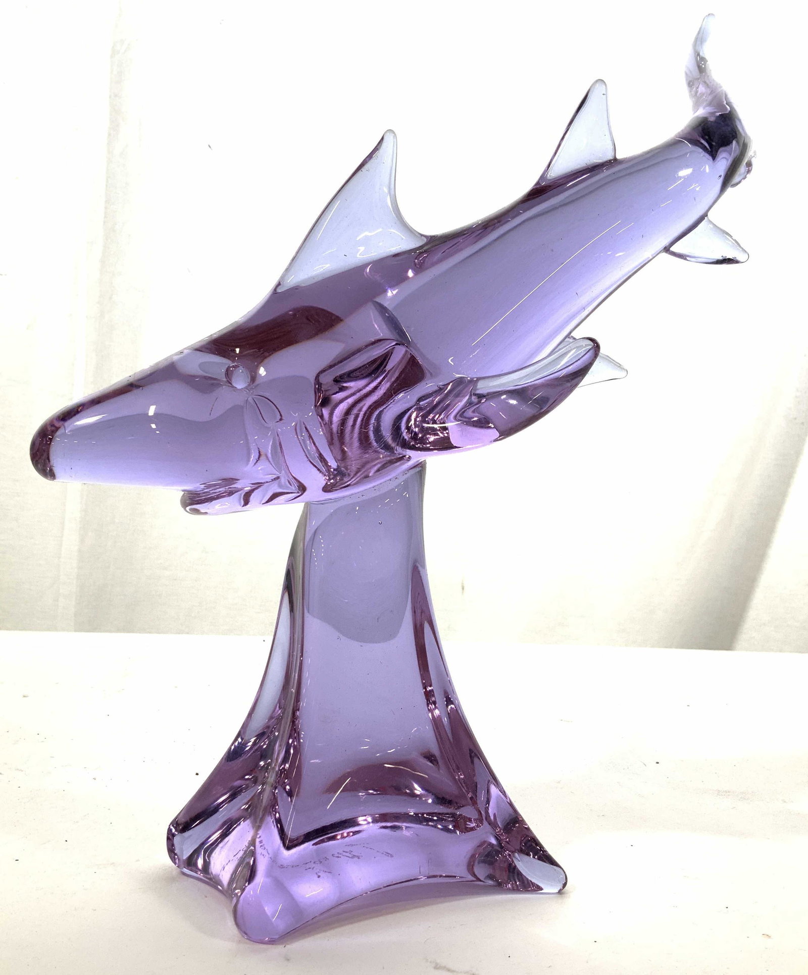 LICIO ZANETTI Italian purple Art Glass Sculpture: Signed Murano Italian Art Glass Sculpture, Large swimming Shark on Pedestal Base, Vintage LICIO ZANETTI Italian Murano Art Glass Sculpture Statue, large Swimming Shark form is impressive purple, viole