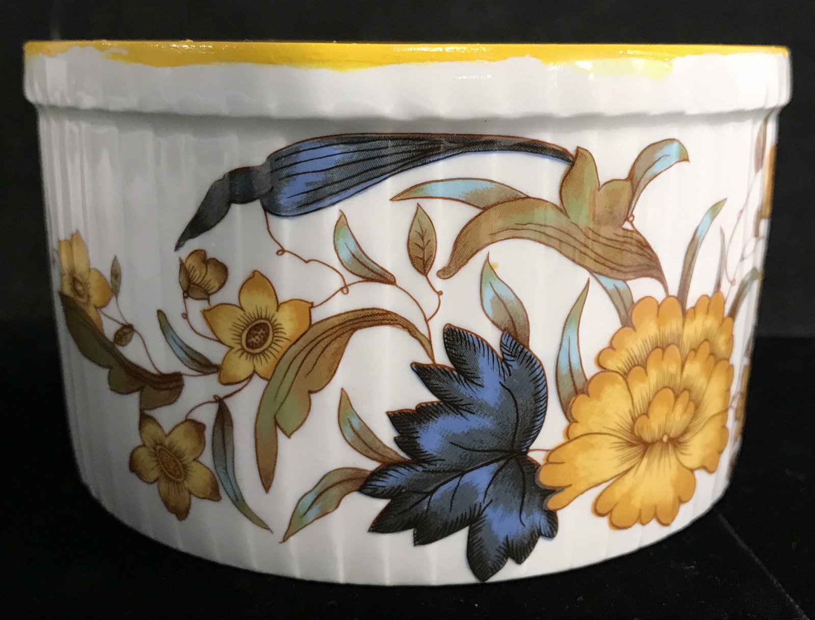 GEORG JENSEN Large French Porcelain Ramekin: Underside of piece is marked GEORG JENSEN FINE PORCELAIN FRANCE. Piece contains multi toned floral, bird, leaf and vine Detail. Bowl, ramekin, porcelain bowl, French porcelain, tableware, luxury desig