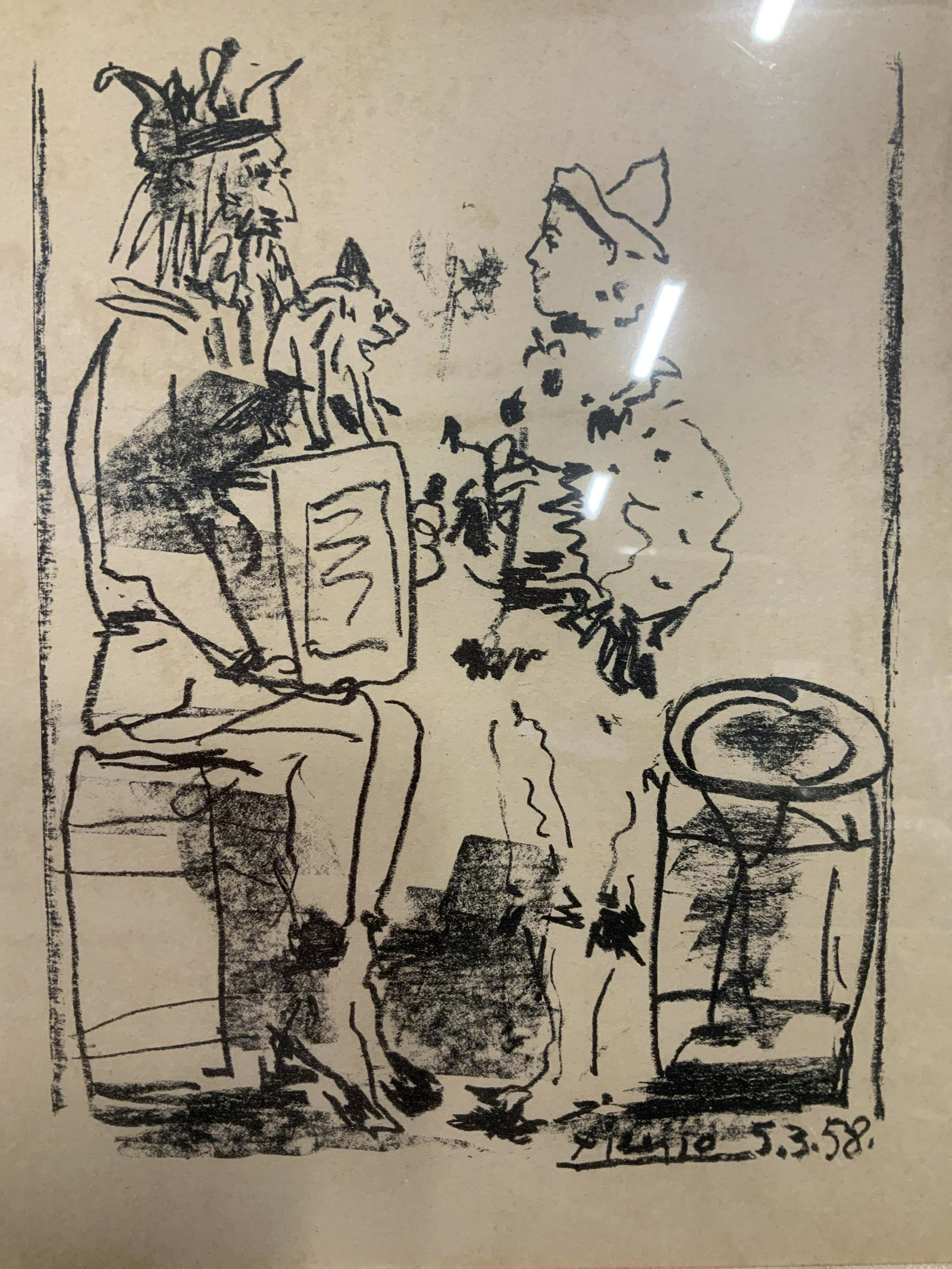 Signed Clowns Lithograph AFTER Picasso: Signed Clowns Lithograph AFTER Picasso, signature in lower portion of piece reads ‘Picasso 5,3,58’, Please Note: All lots that do not carry established documented provenance nor any past record of