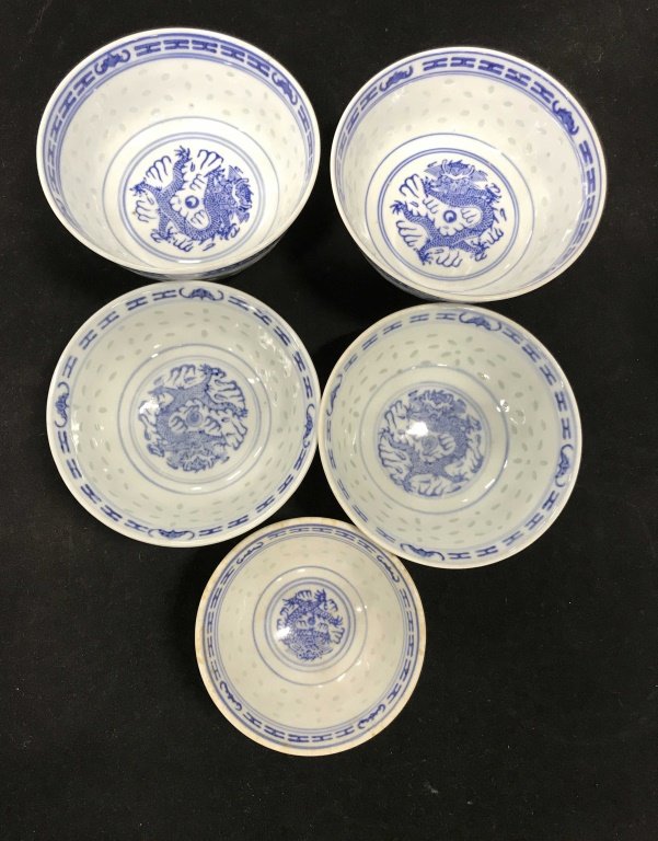 Asian Porcelain Dinnerware, 206 pcs From QE2: Two major sets of Asian porcelain dinnerware. All bought on a QE 2 Voyage. Both sets vintage. Pieces are SIGNED with Asian Characters and a set reads MADE IN CHINA. All pieces are blue and white porce