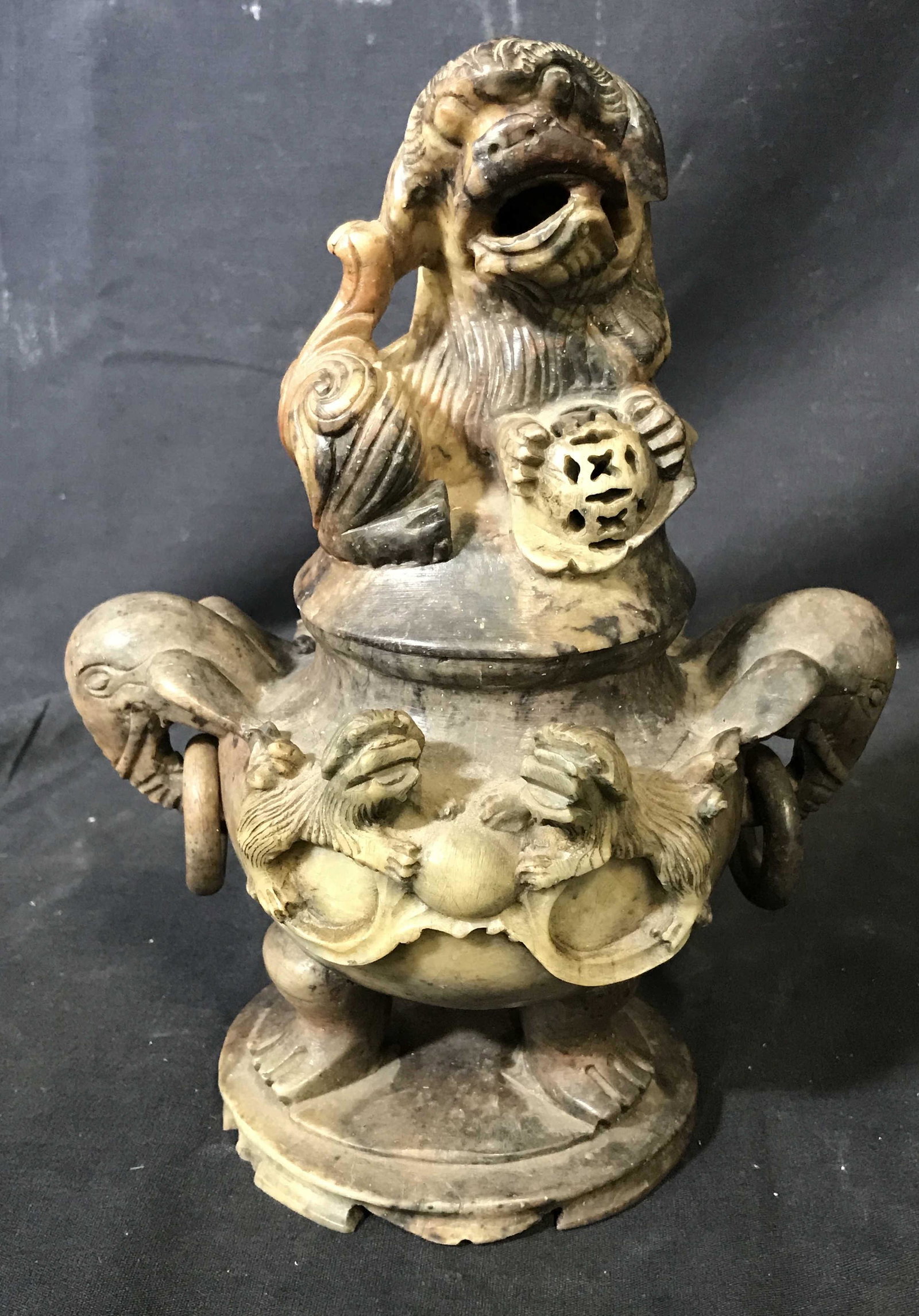 Antique Lidded Stone Censor W Foo Dog: Antique Stone Censor, tests positive as Jadeite on Gallery Gem Tester, lid to censor depicts a foo dog holding a ball, bowl of censor depicts smaller foo dogs with elephant headed handles, measures 10