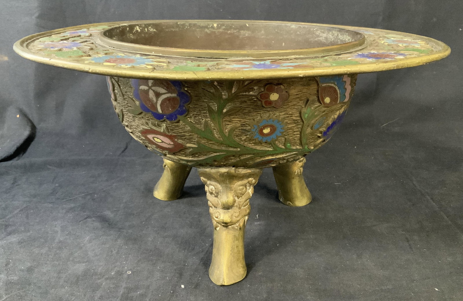 Japanese Champleve Incense Burner: Japanese Champleve Incense Burner, stamp to base reads ‘Made in Japan’, brass toned metal, three feet with lion design, floral design, measures 6 1/4 x 12 inches, some wear to piece and scratches